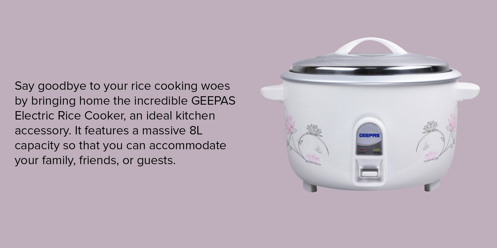 8 L Commercial Rice Cooker, Durable Construction, Removable Non-Stick Aluminum Pot, Cool Touch Handle, Includes Cook, Keep Warm Functions, With Stainless Steel Lid, Aluminum Inner Steamer, Perfect For Quinoa, Risotto, Vegetables, Soups, Sauces, Eggs, Etc. 2 Years Warranty Grc4322H 8 L 2500 W GRC4322H White