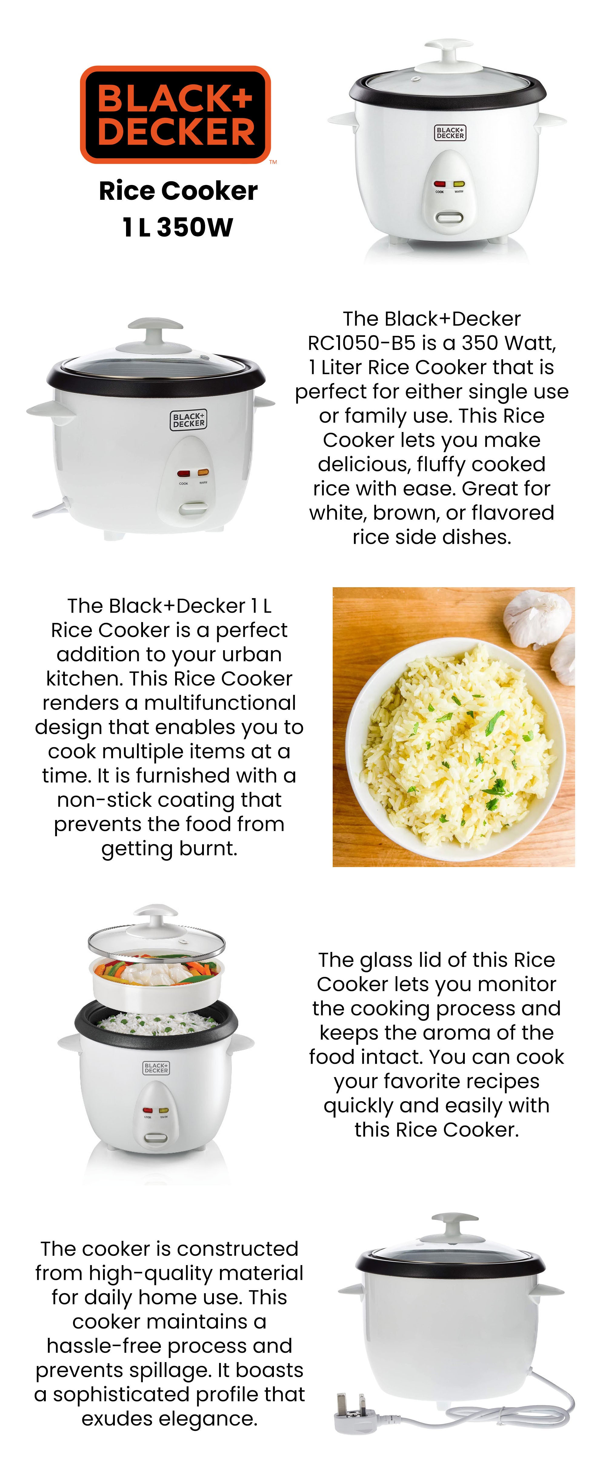 Rice Cooker, 1L, 400W, with Removable Nonstick Bowl, Steaming Tray, Glass Lid, Cool-Touch Design, Auto Warm Function, and Water Level Indicator 1 L 400 W RC1050-B5 White