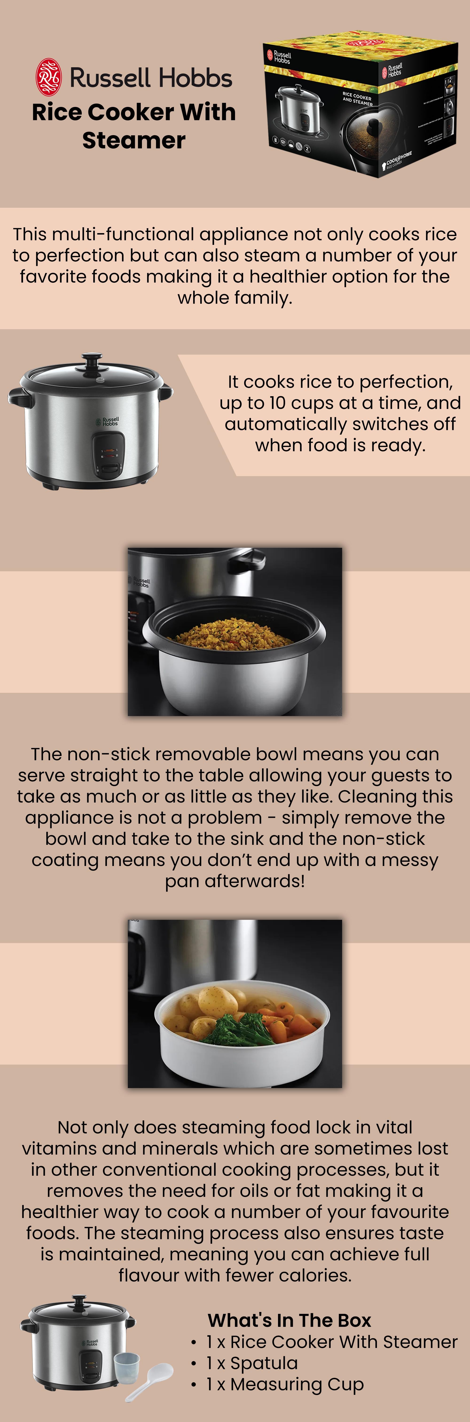 Rice Cooker, 10 Cups Capacity, Keep Warm, Steaming Tray, Stainless Steel 1.8 L 700 W 19750JAS Black/Silver