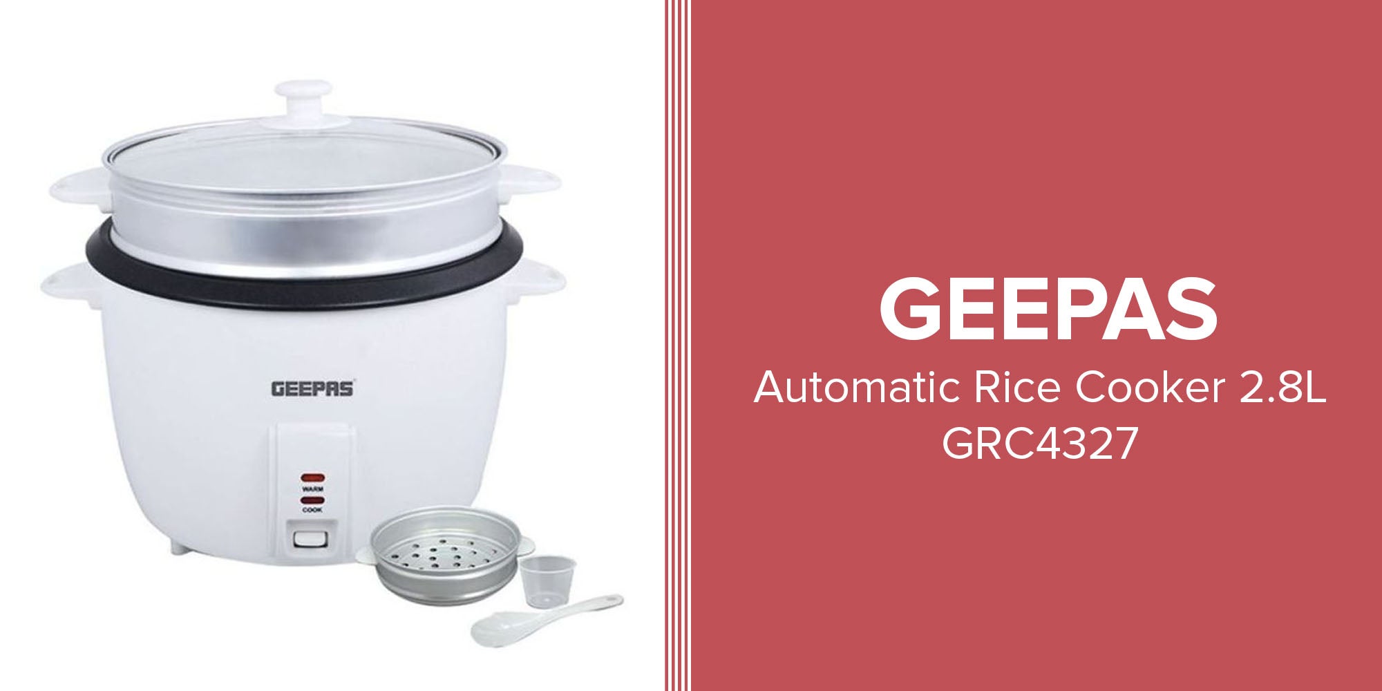 Electric Rice Cooker with Non-Stick Inner Pot and Toughened Glass Lid| Includes Cook, Steam, and Warm Functions| White Powder Coated Housing, Aluminum Outer Steamer 2.8 L 1000.0 W GRC4327 White/Black