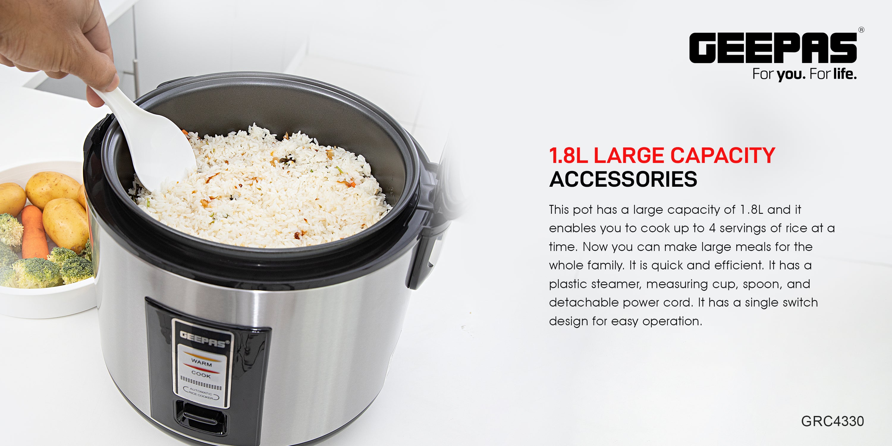 Rice Cooker 1.8 L Durable Construction| Removable Non-Stick Pot, Cool Touch Handle| Includes Cook, Warm Functions, Plastic Steamer| Perfect for Vegetables, Soups, Sauces etc |762W 1.8 L 762 W GRC4330 Black/Silver