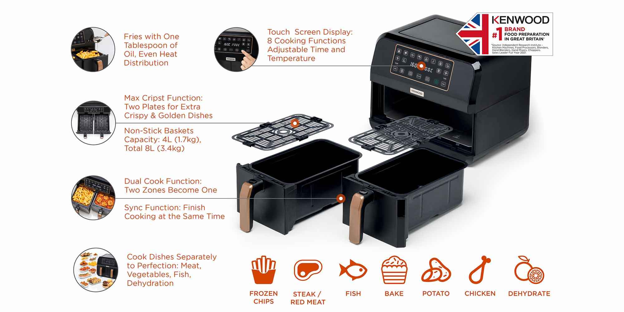 Dual Air Fryer, 3.4Kg, Dual Zone Technology, Digital Display 8 L 1700 W OWHFP70.000BK Black