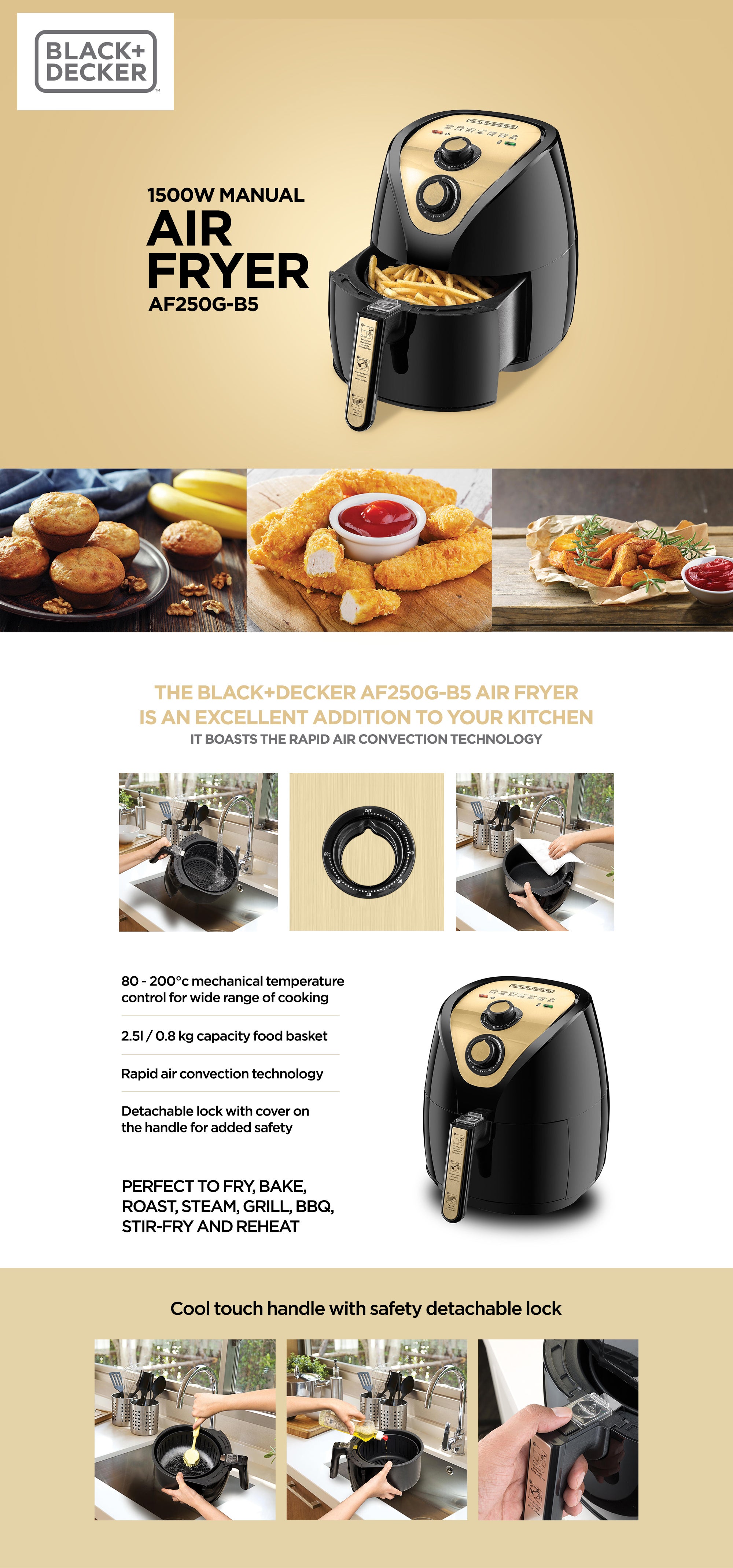 Air Fryer with 0.8KG, Anti Stick, with Rapid Air Convection Technology  (Suitable for 2-4 People) 2.5 L 1500 W AF250G-B5 Black/Gold