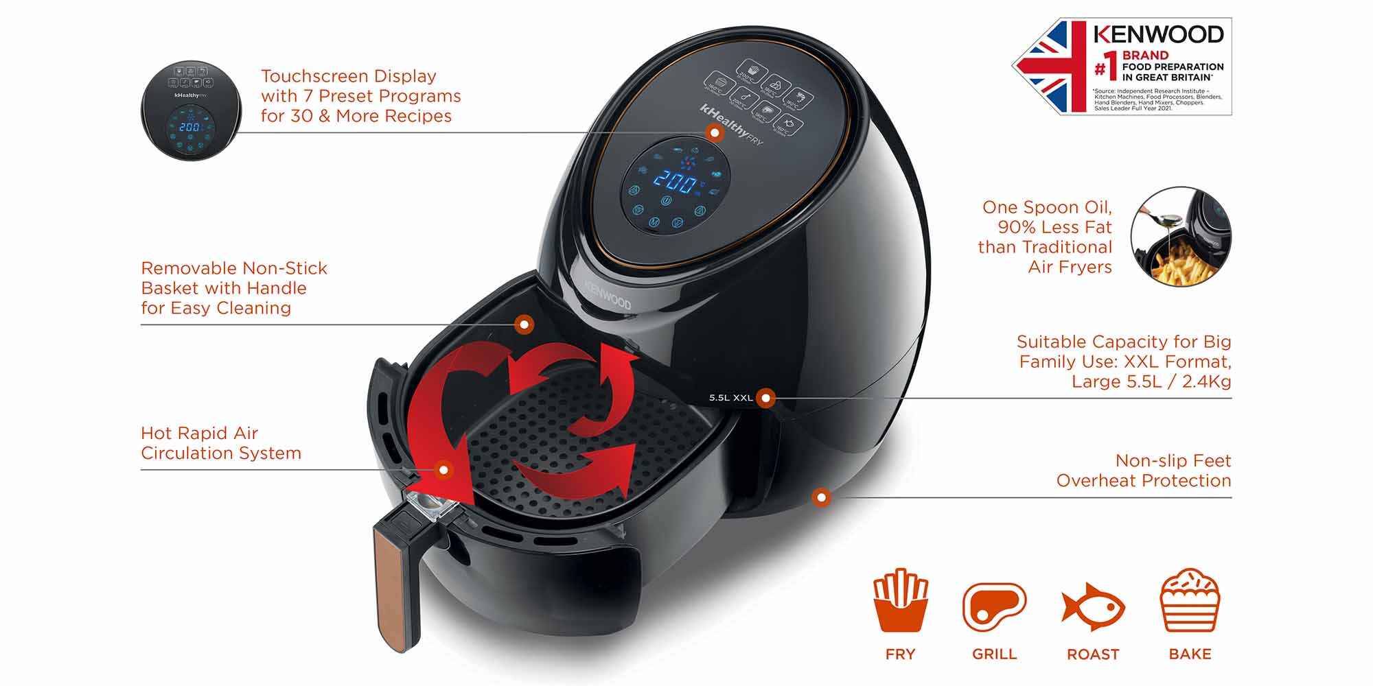 Digital Air Fryer, 2.4Kg, Rapid Hot Air Circulation, 5.5 L 1800 W HFP50.000BK Black