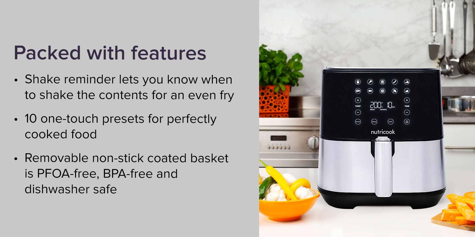 Air Fryer 2 Led One Touch Screen With 10 Presets Preheat Celsius To Fahrenheit Conversion Auto Shut Off And Shake Reminder 5.5 L 1700 W AF205 Stainless Steel