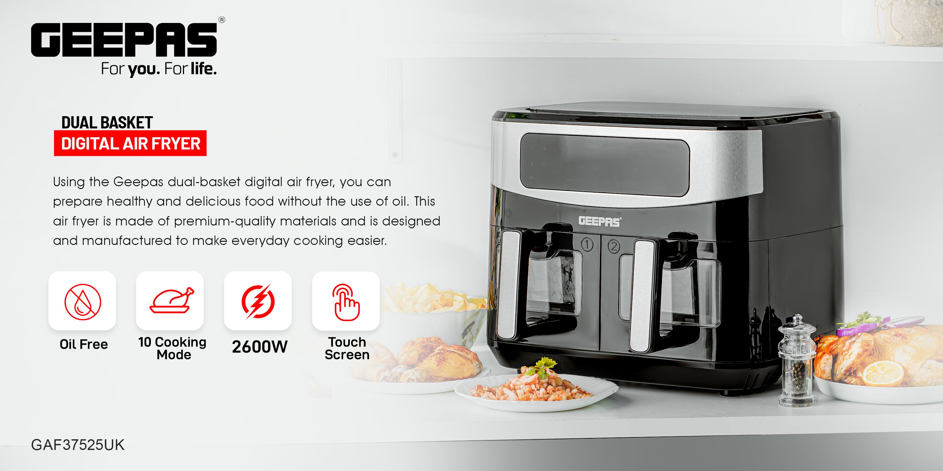 Dual Basket Digital Air Fryer 9 L Equipped With Vortex Air Frying Technology| Oil Free Cooking Led Display With Touch Screen Smart Finish And Match Cook 9 L 2600 W GAF37525 Black
