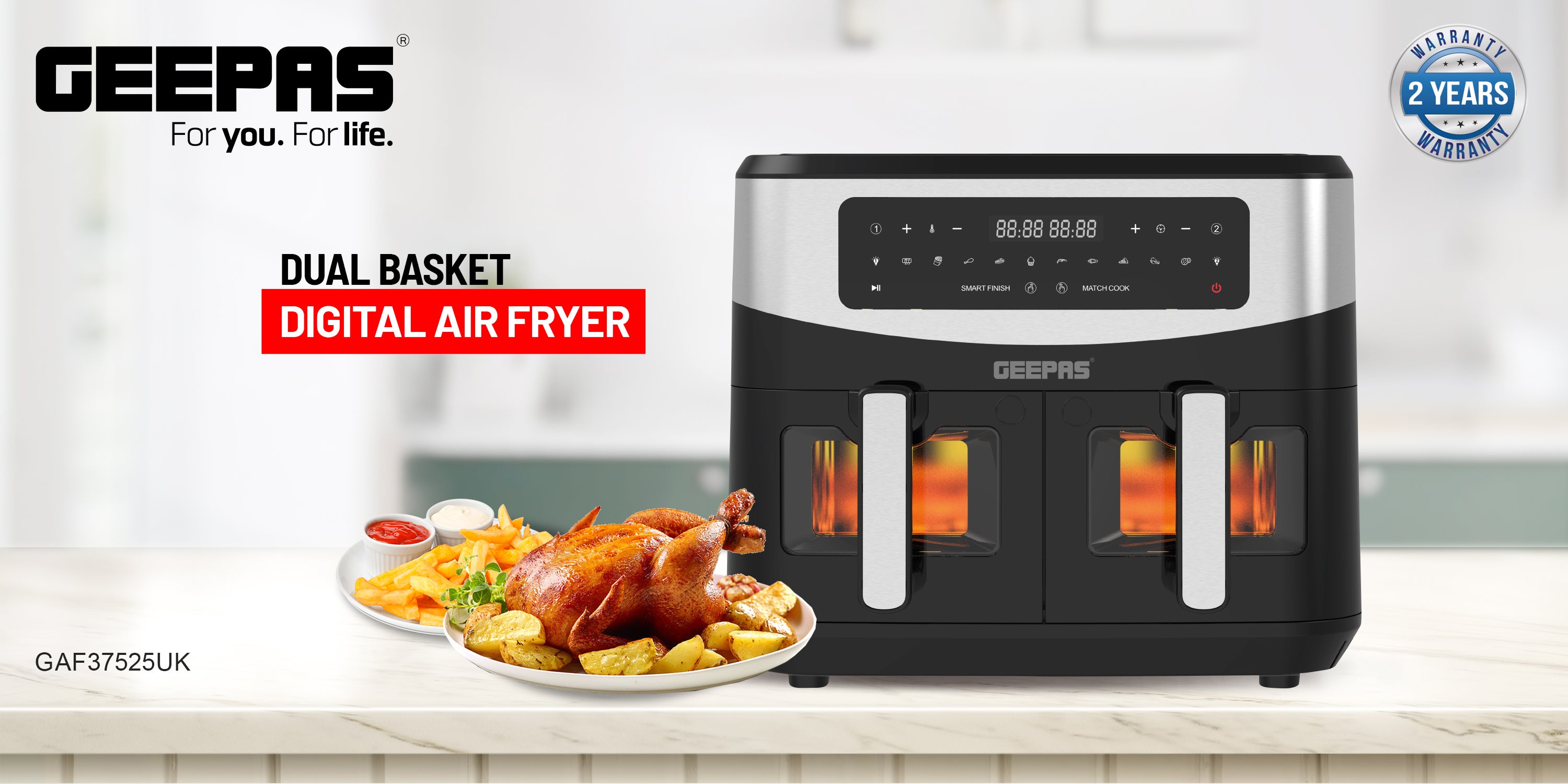 Dual Basket Digital Air Fryer 9 L Equipped With Vortex Air Frying Technology| Oil Free Cooking Led Display With Touch Screen Smart Finish And Match Cook 9 L 2600 W GAF37525 Black