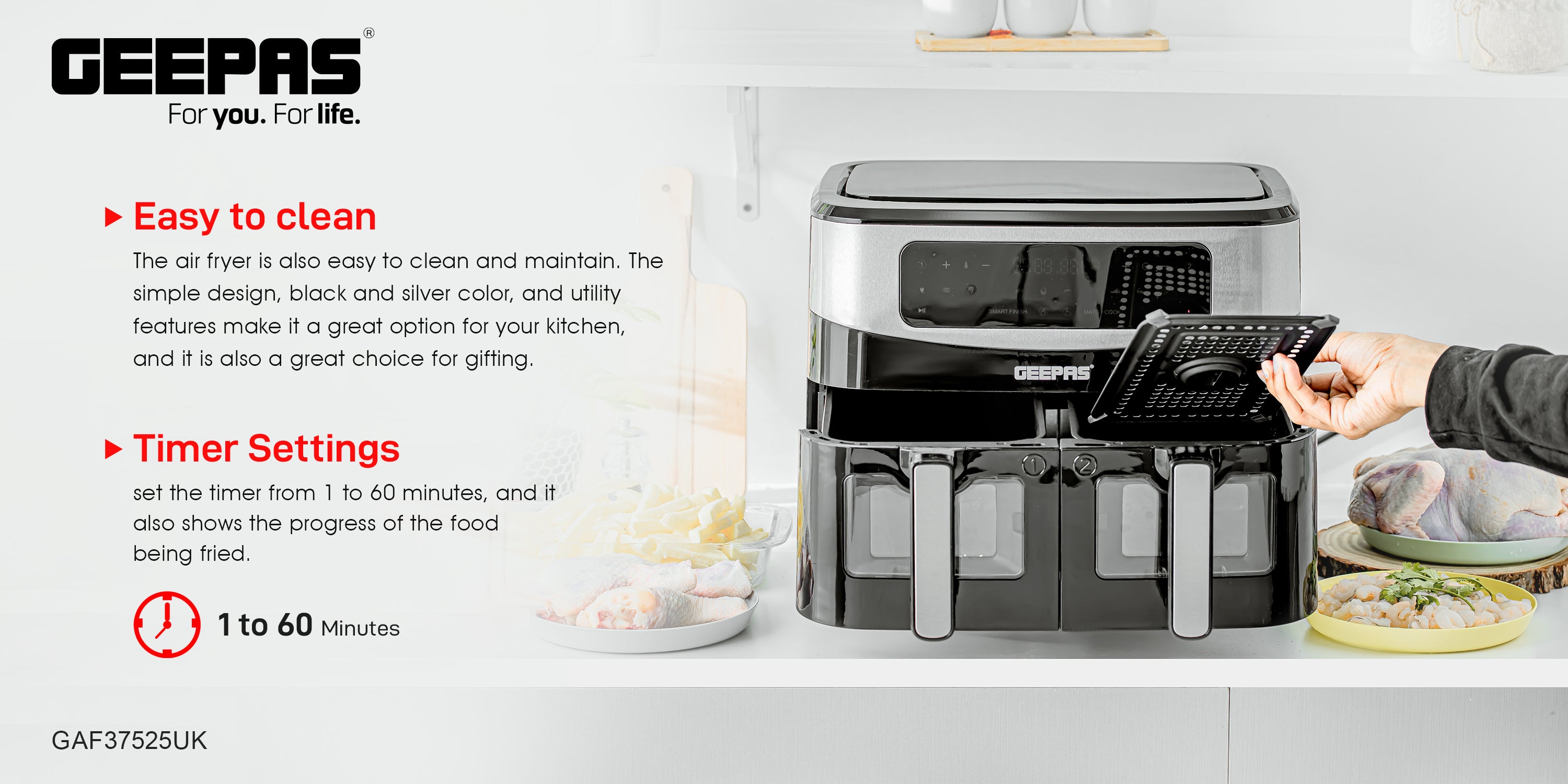 Dual Basket Digital Air Fryer 9 L Equipped With Vortex Air Frying Technology| Oil Free Cooking Led Display With Touch Screen Smart Finish And Match Cook 9 L 2600 W GAF37525 Black