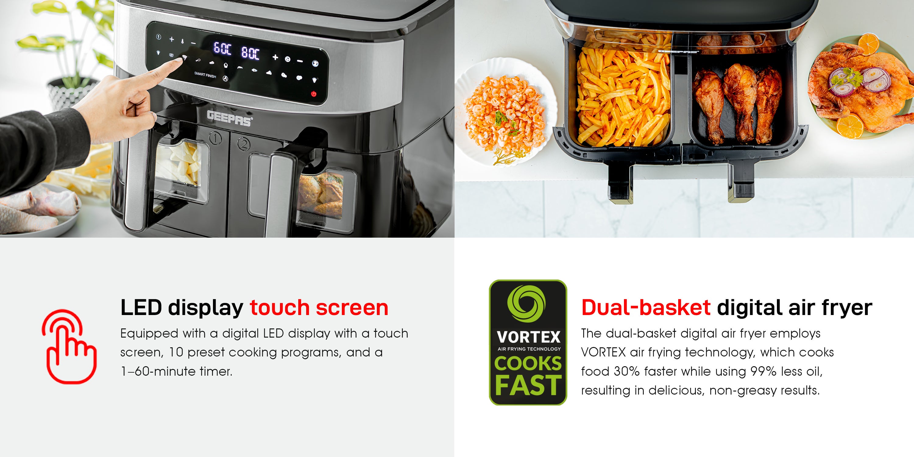 Dual Basket Digital Air Fryer 9 L Equipped With Vortex Air Frying Technology| Oil Free Cooking Led Display With Touch Screen Smart Finish And Match Cook 9 L 2600 W GAF37525 Black