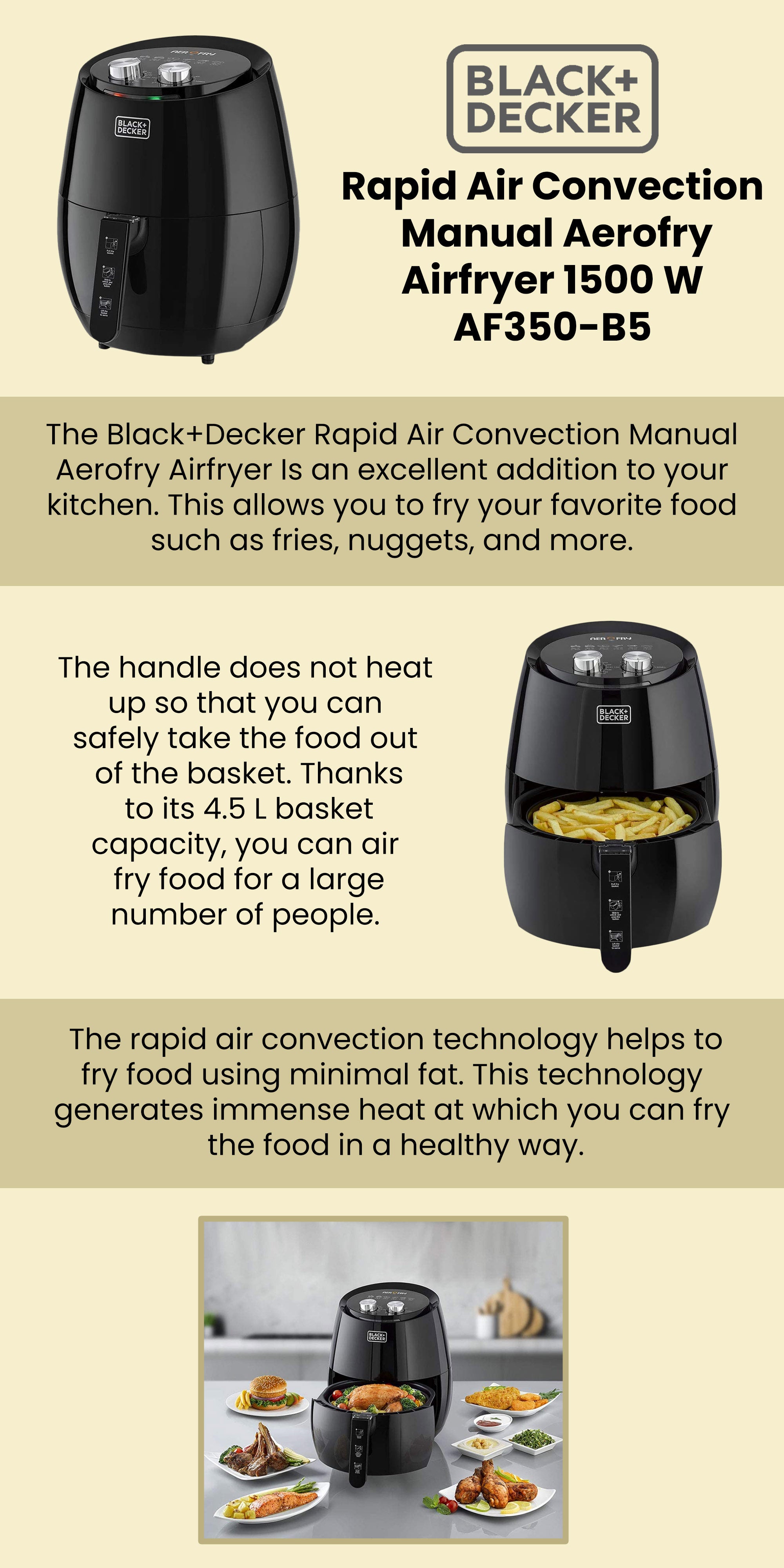 XL Air Fryer with 1.3KG, Anti Stick, with Rapid Air Convection Technology  (Suitable for 3-5 People) 4.5 L 1500 W AF350-B5 Black