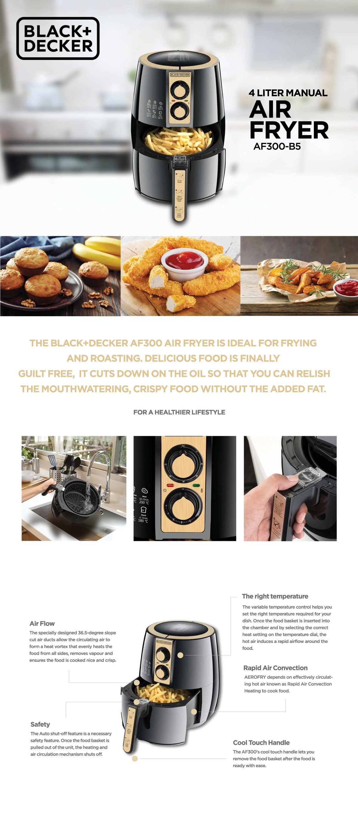 Air Fryer Aerofry With Multifunction Air Convection technology 4 L 1500 W AF300-B5 Black/Gold