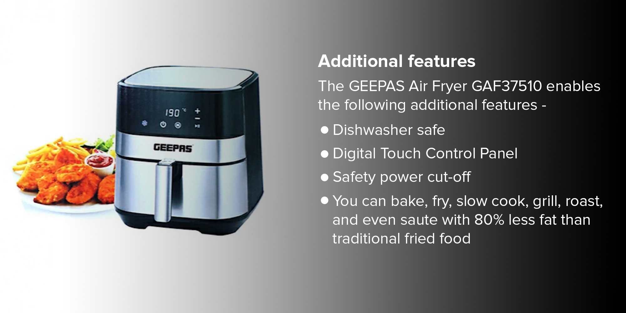 Digital Air Fryer 5 L With Touch Control Panel| 60 Minute Timer, Led Display, Auto Shut Off| 1700 W Cool Touch Handle Gaf37510 Black 5 L 1700 W GAF37510 Black