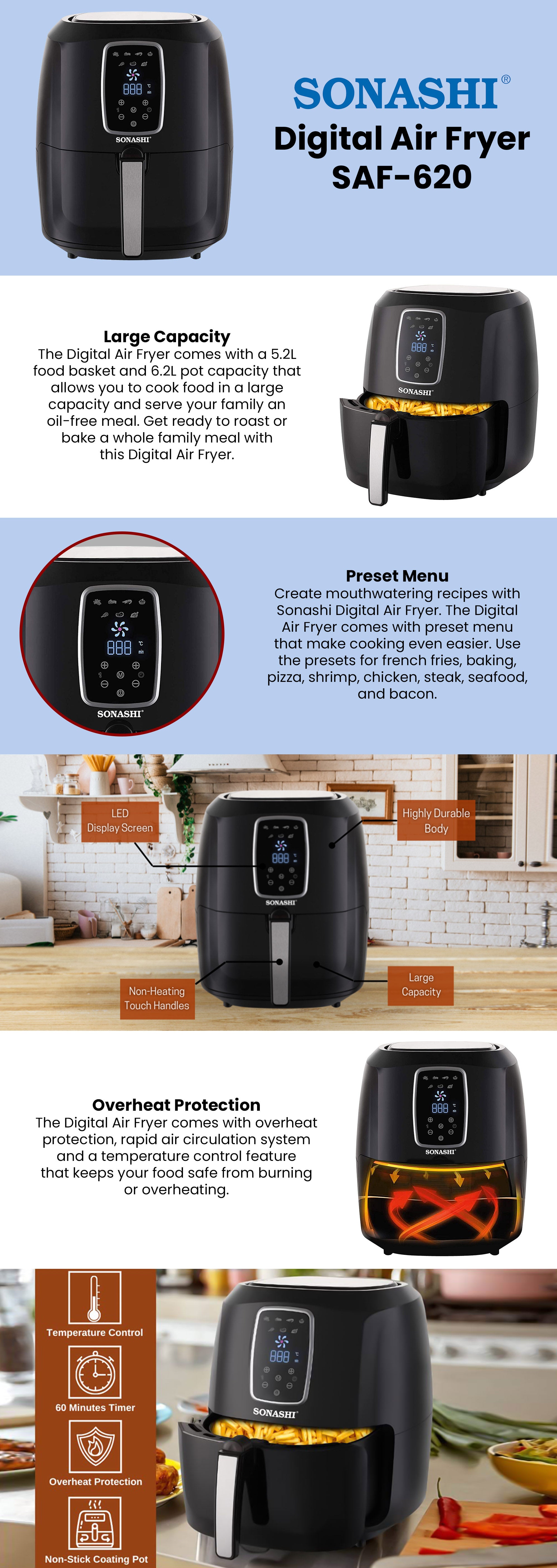 Digital Air Fryer With 6.5L Total Capacity | Cool Touch Housing | LED Display with Touch Screen | Electric Air Fryer | Suitable for Frying, Grilling, Broiling, Roasting, and Baking 6.5 L 1600 W SAF-620 Black/Silver