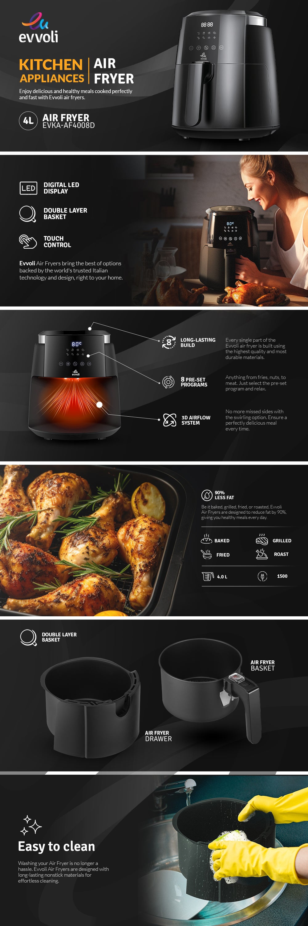 Air Fryer With Digital Control Panel Display, 8 Preset Programs Built-In Preheat Function 4 L 1500 W EVKA-AF4008D Black