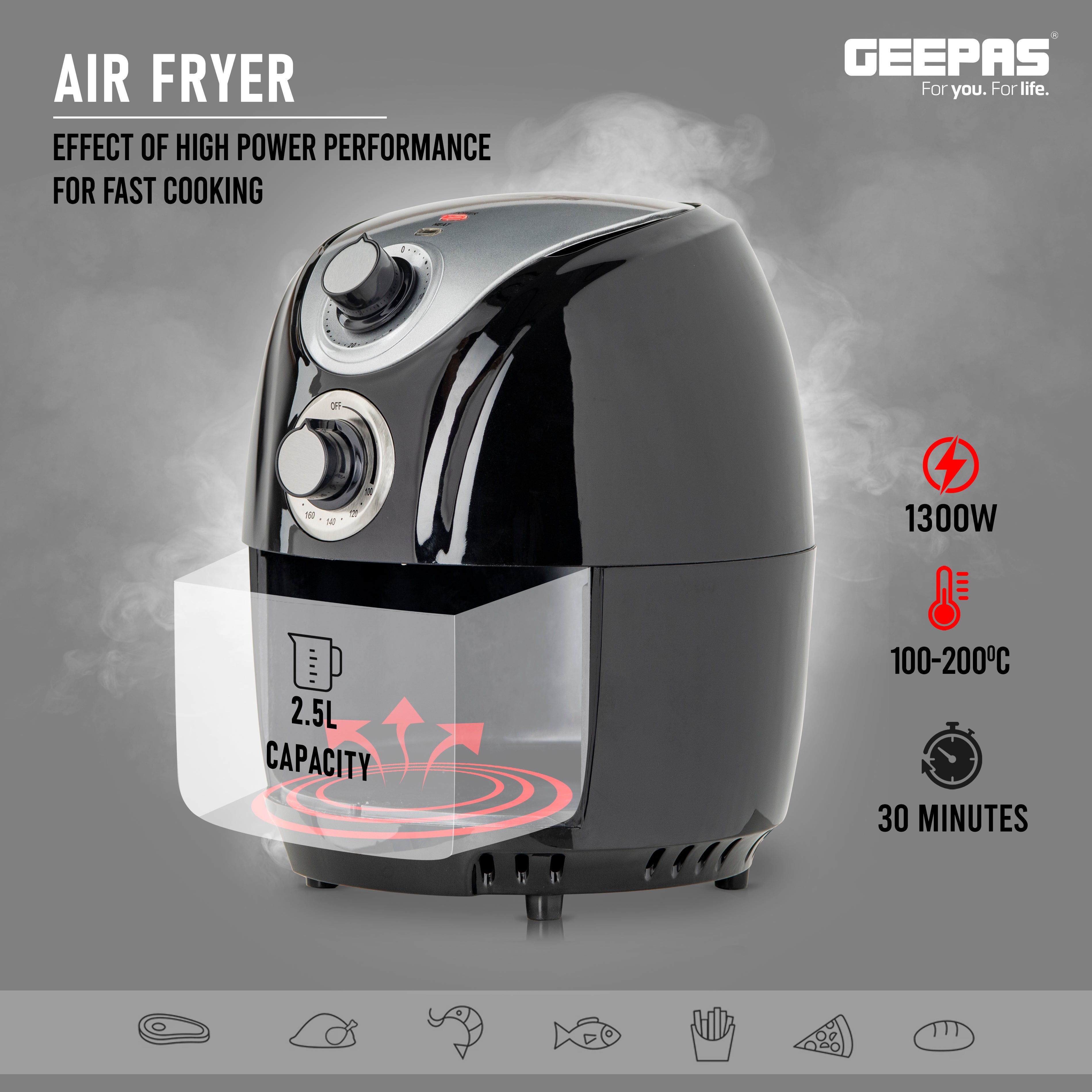 Air Fryer 2.5 L With Rapid Air Circulation System | Adjustable Temperature Control | 30 Minute Manual Timer 2.5 L 1300 W GAF37521 Black