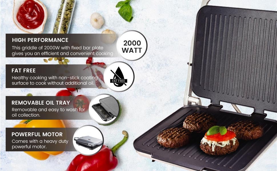 Portable Grill And Panini Maker Contact Grill 2000W Fixed Temperature Control Barbeque Grill Plate Ready light Power Indicator 2000 W NCG100 Black & Silver