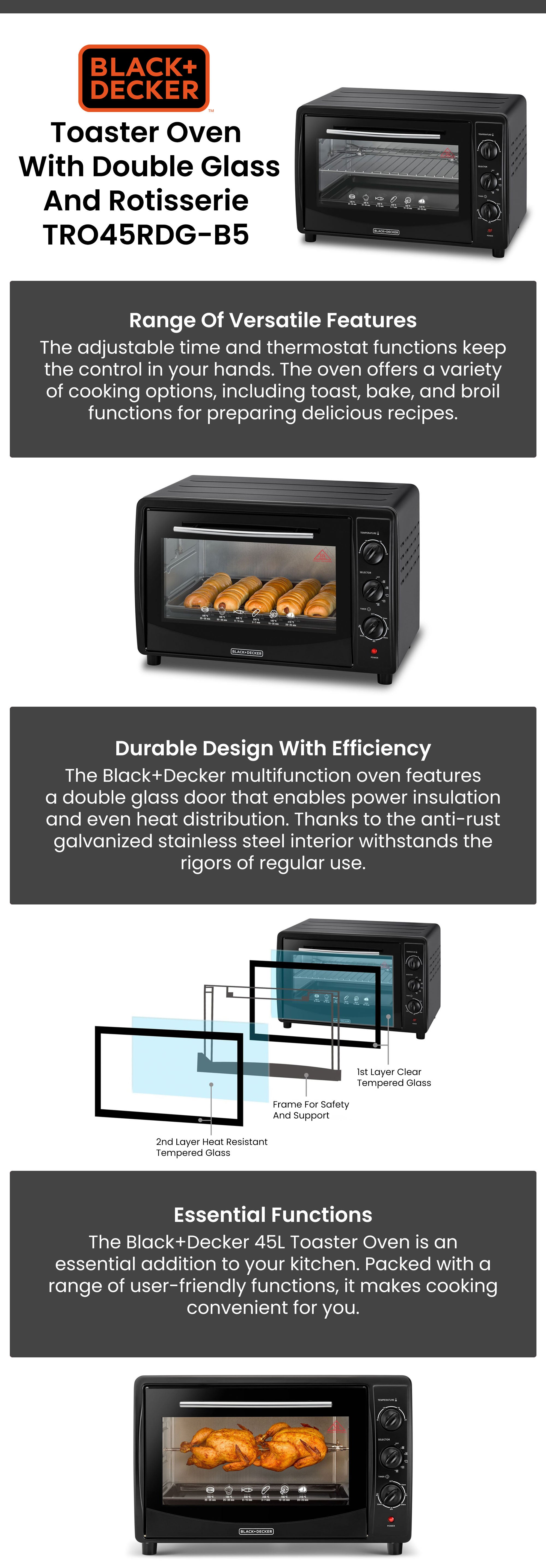 Electric Oven Multifunction With Double Glass And Rotisserie For Toasting/Baking/Broiling 45 L 1800 W TRO45RDG-B5 Black