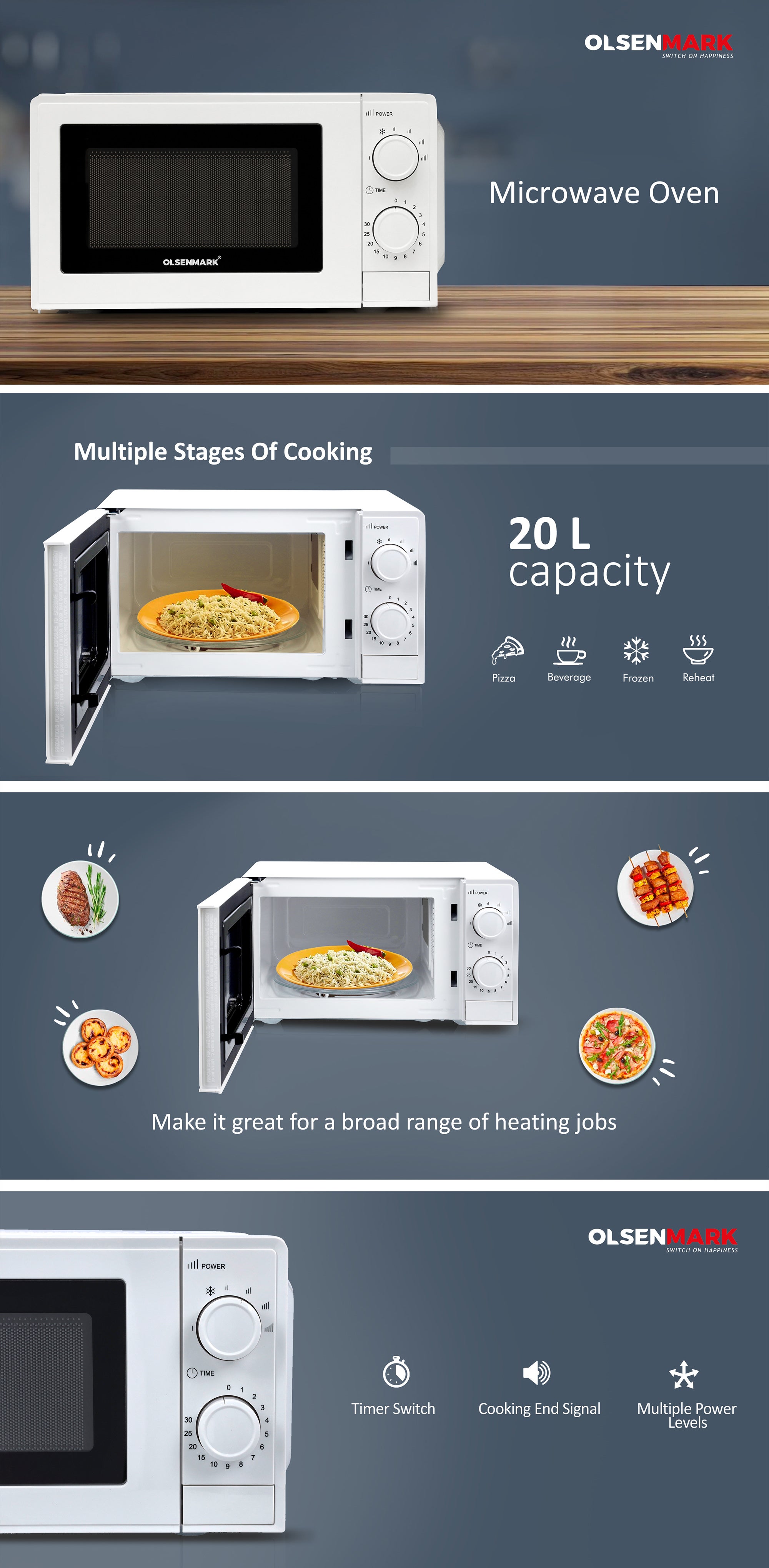 Electric Microwave Oven, 5 Multiple Power Levels with Easy Controls and Cooking End Signal, Perfect for Reheating, Defrosting, Cooking 20 L 1150 W OMMO2343W Black