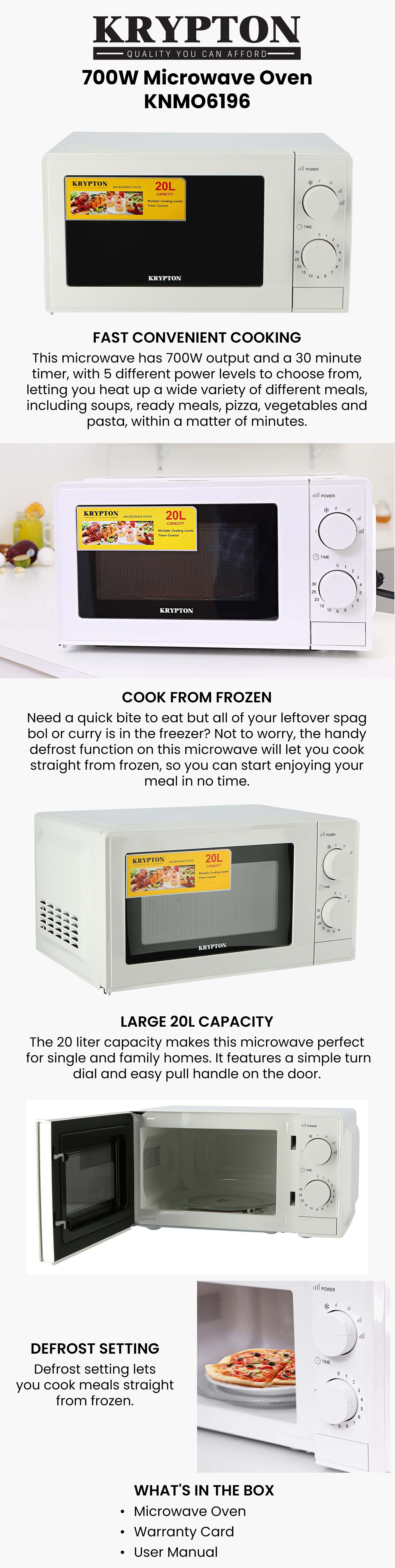 Microwave Oven With 5 Power Levels And 30 Minute Timer 20 L 700 W KNMO6196 White