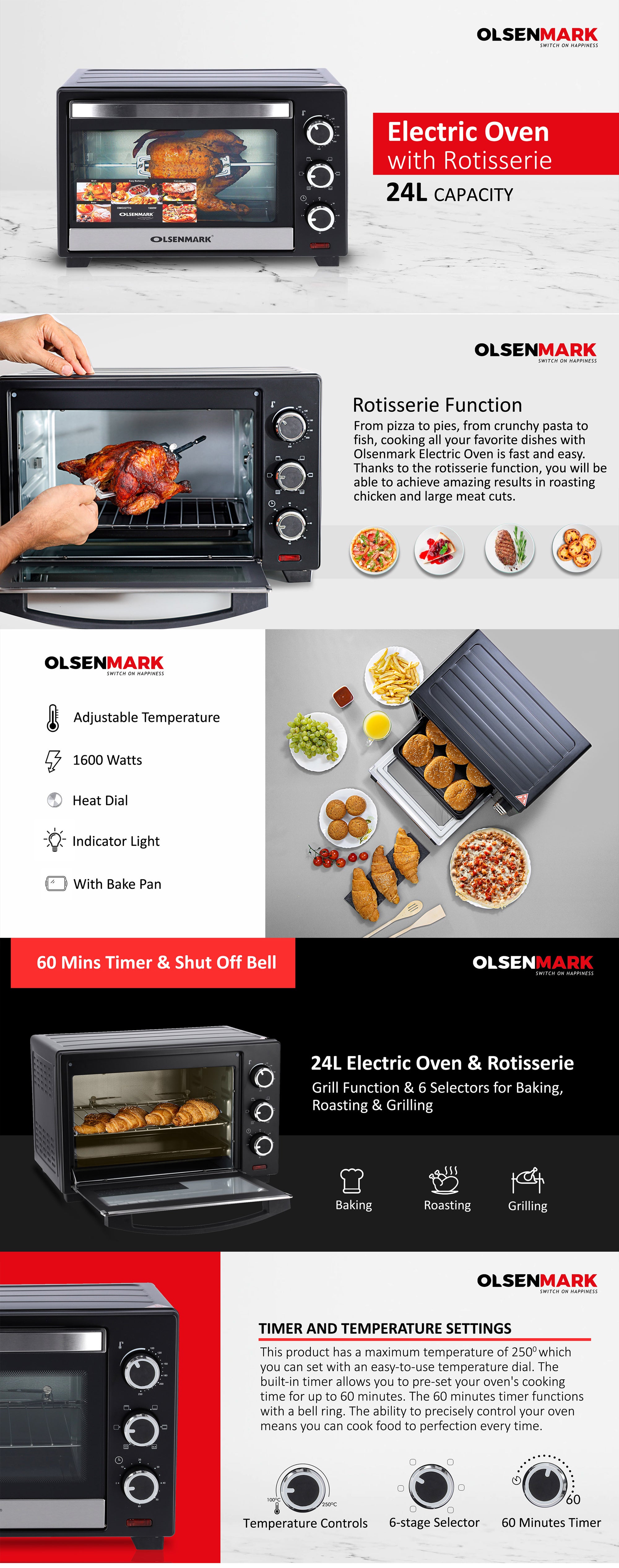 Electric Oven With Rotisserie Function/Perfect For Grilling, Toasting And Roasting/6 Stages Heating And Temperature 100-250-Degrees Celsius/60 Minute Timer 24 L 1600 W OMO2277G Black