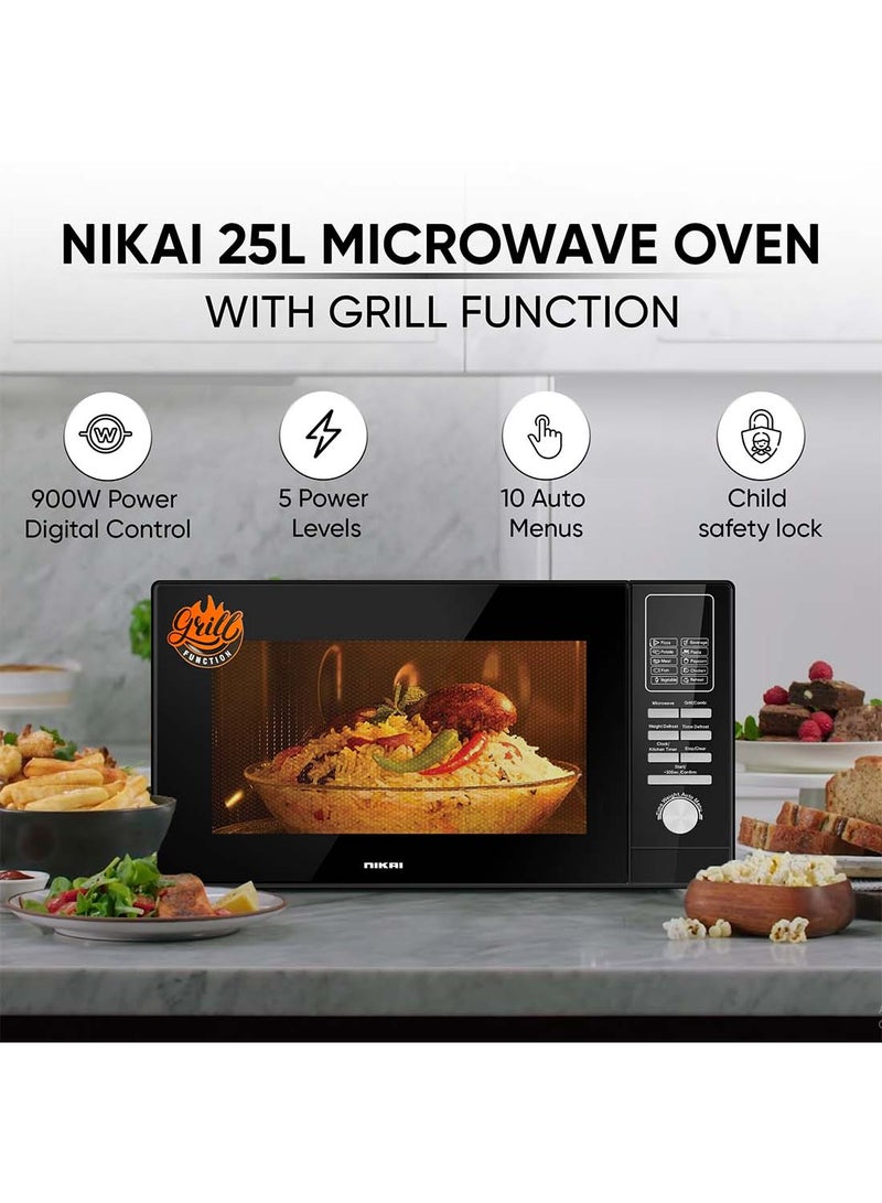 Microwave Oven With Grill Function, Digital Control, Mirror Finish, 5 Power Levels, 10 Auto Menus, Defrost Setting, Cooking End Signal, Push Button Door, Child Lock 25 L 1000 W NMO250MDG Silver