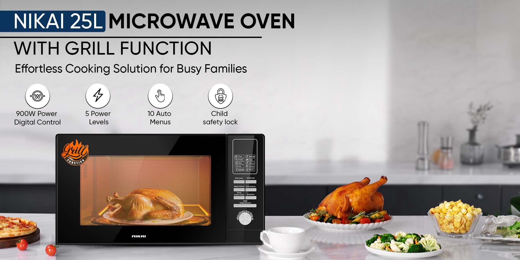 Microwave Oven With Grill Function, Digital Control, Mirror Finish, 5 Power Levels, 10 Auto Menus, Defrost Setting, Cooking End Signal, Push Button Door, Child Lock 25 L 1000 W NMO250MDG Silver