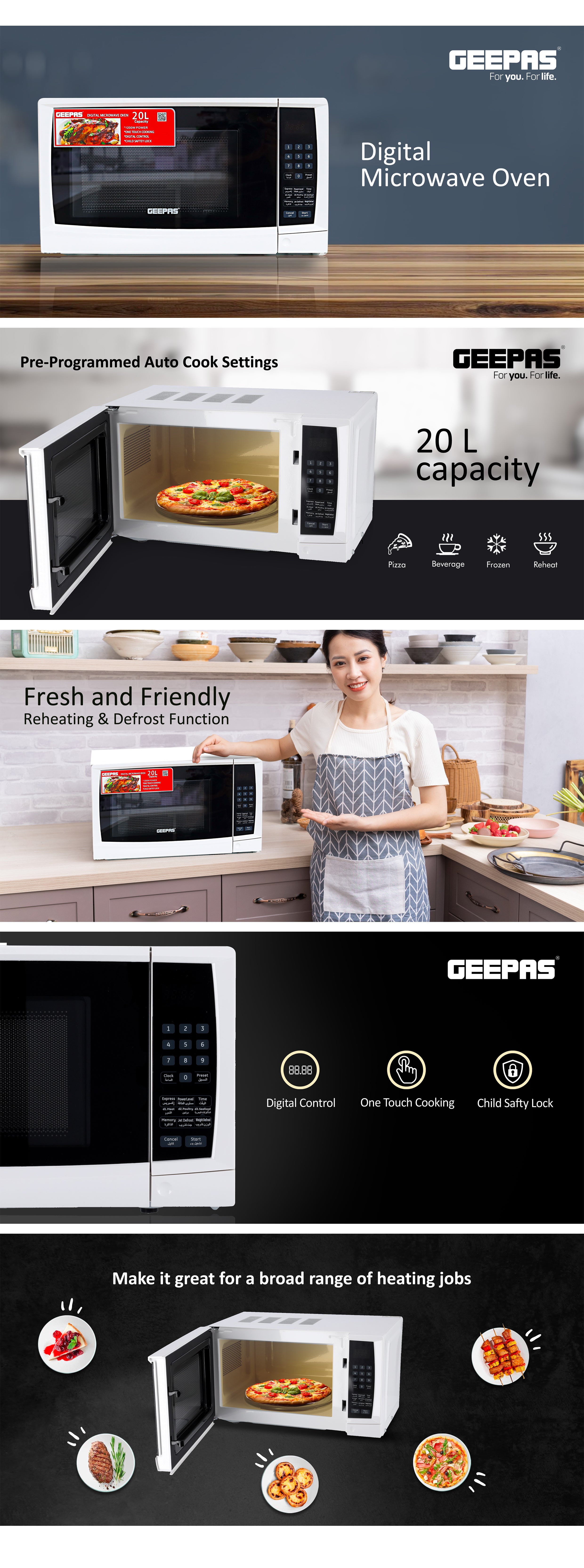 Digital Microwave Oven with Adjustable temperature and Timer function Reheating and Defrost function  Child lock  Digital controls 20 L 1200 W GMO1895-20LD White