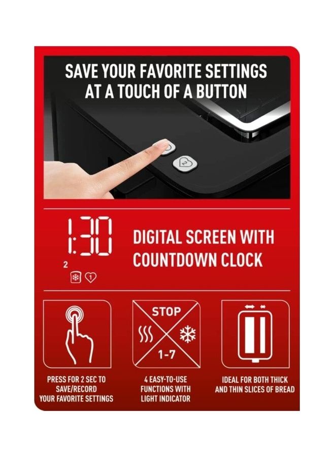 Toaster | SmartN'Light Digital Toaster | 2 Slots | 7 Levels of Toasting | Defrot and Reheat Functions | Settings Saving Function | Safe to Touch |   2 Years Warranty 850 W TT640840 Black