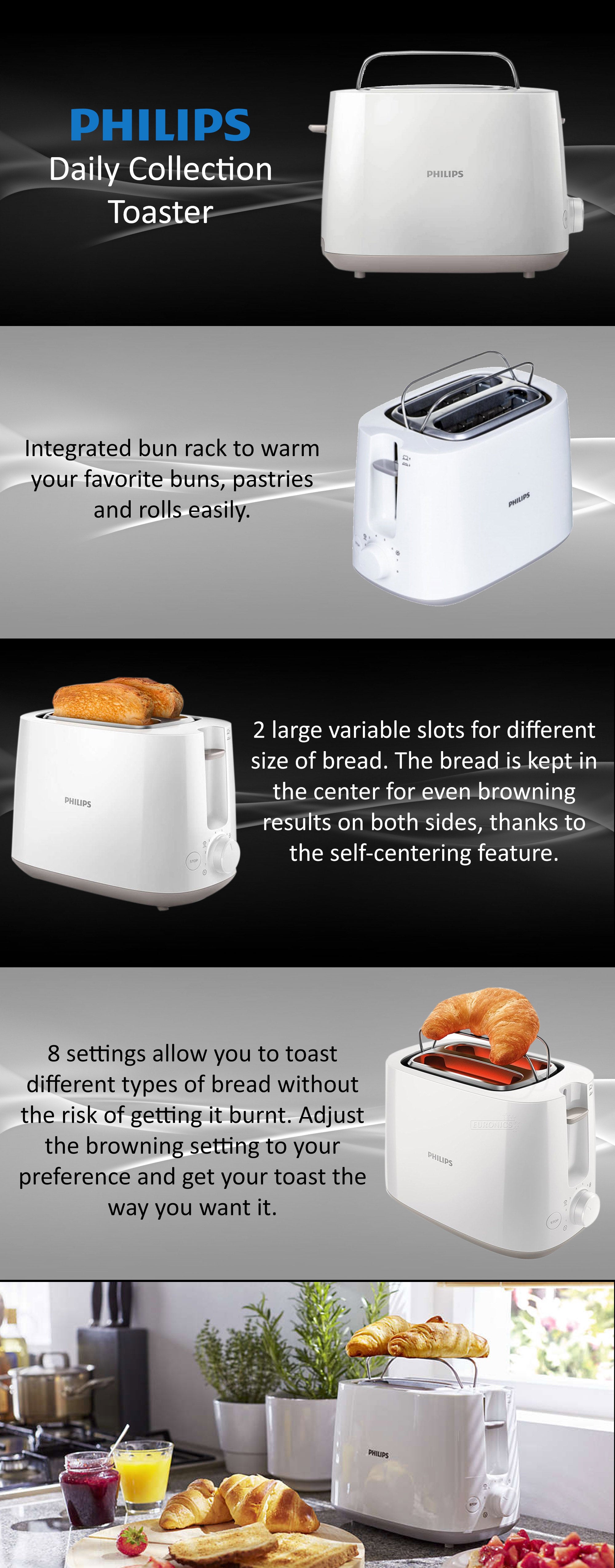 Toaster Daily Collection - Plastic, 2 Slots With Bun Warmer, 8 Settings, 830 W HD2581/01 White