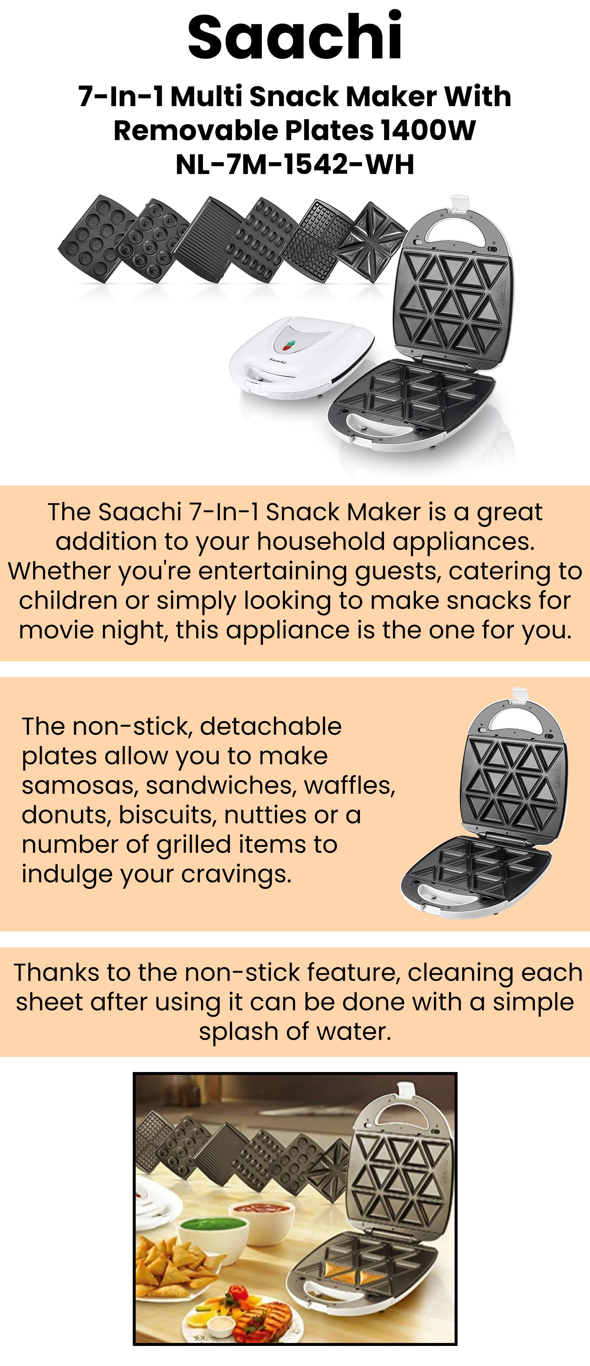 7-In-1 Multi Snack Maker with Changeable Plates for Samosas, Nutties, Biscuits, Donuts, Waffles, Sandwiches and Grill 1400 W NL-7M-1542-WH White