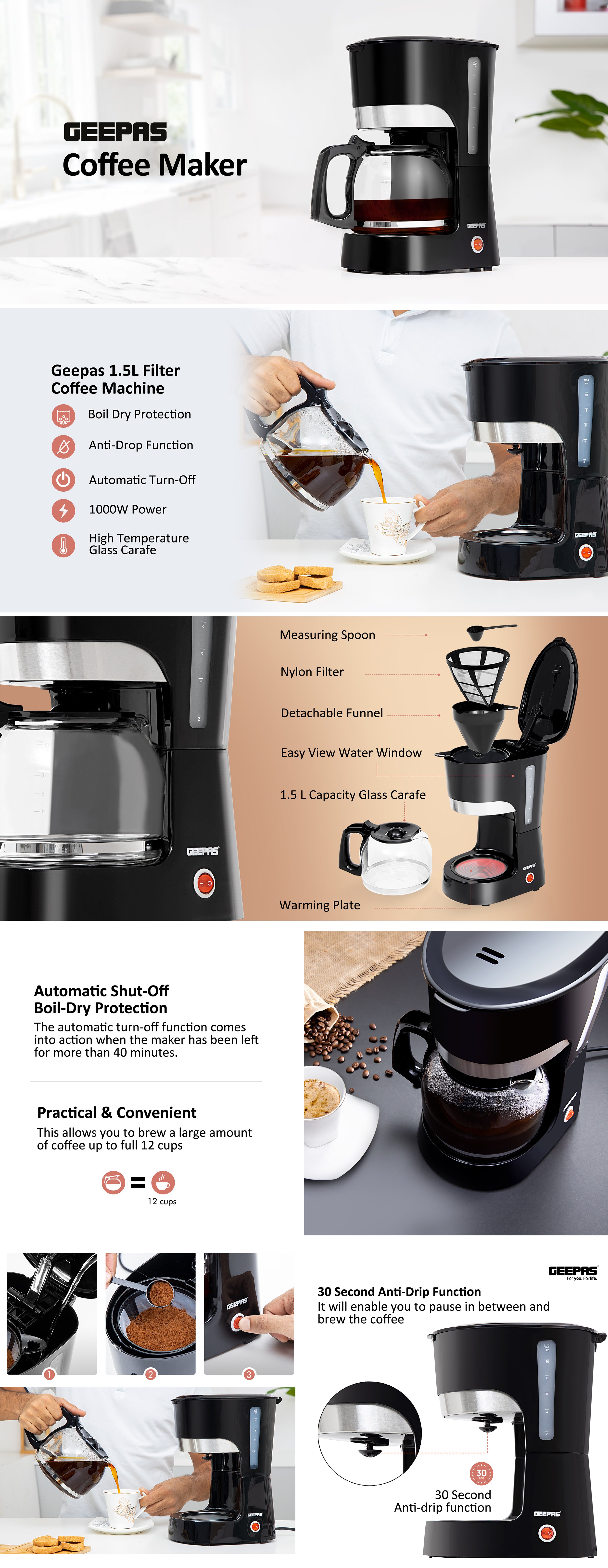 Coffee Maker, Filter Coffee Machine, | High Temperature Glass Carafe | Keep Warm & Anti-Drip Function | Reusable Filter | On/ Off Switch with Indicator Light 1.5 L 850 W GCM6103 Black/Clear