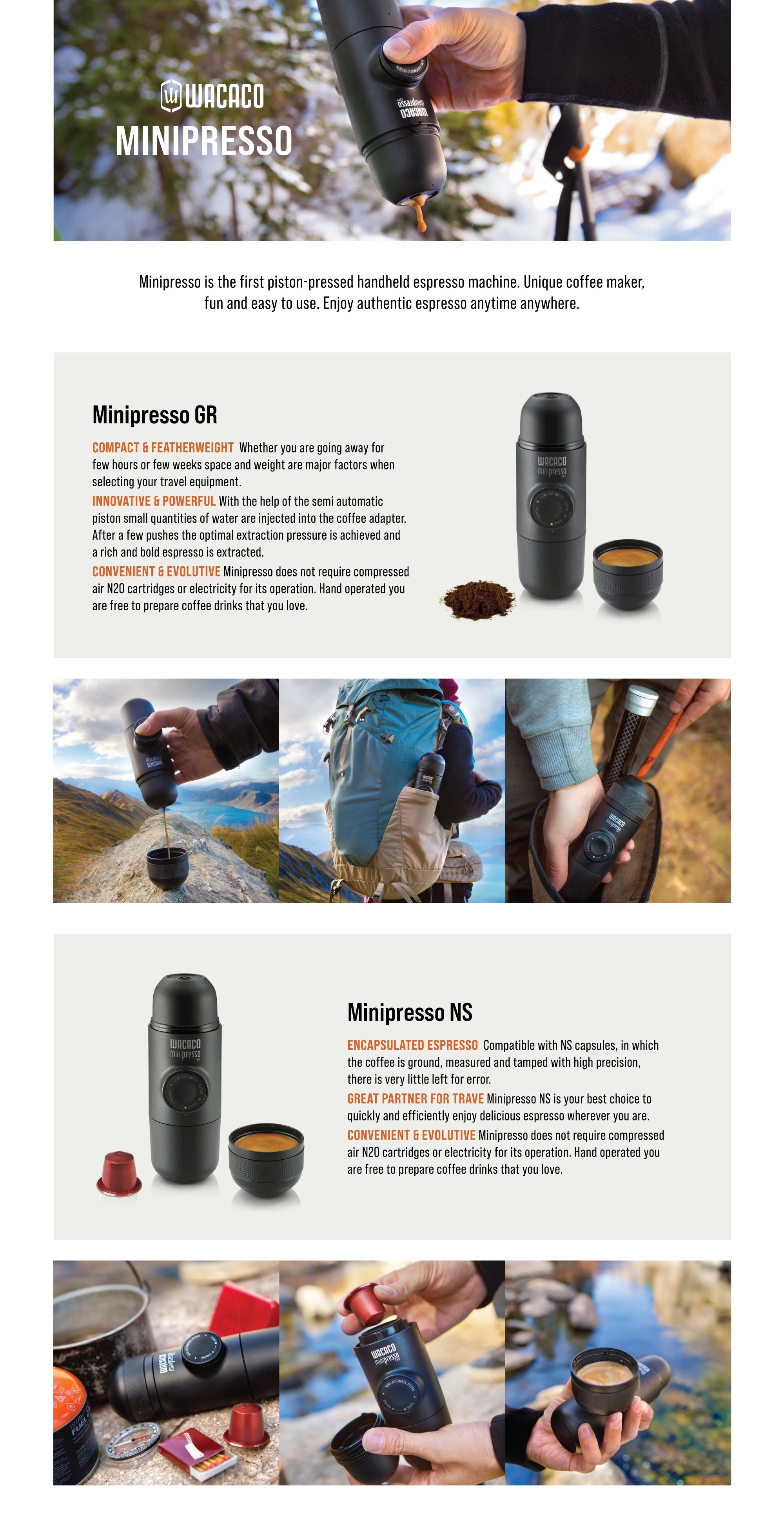 Minipresso GR | Hand Powered Espresso Machine | Works with Ground Coffee Black