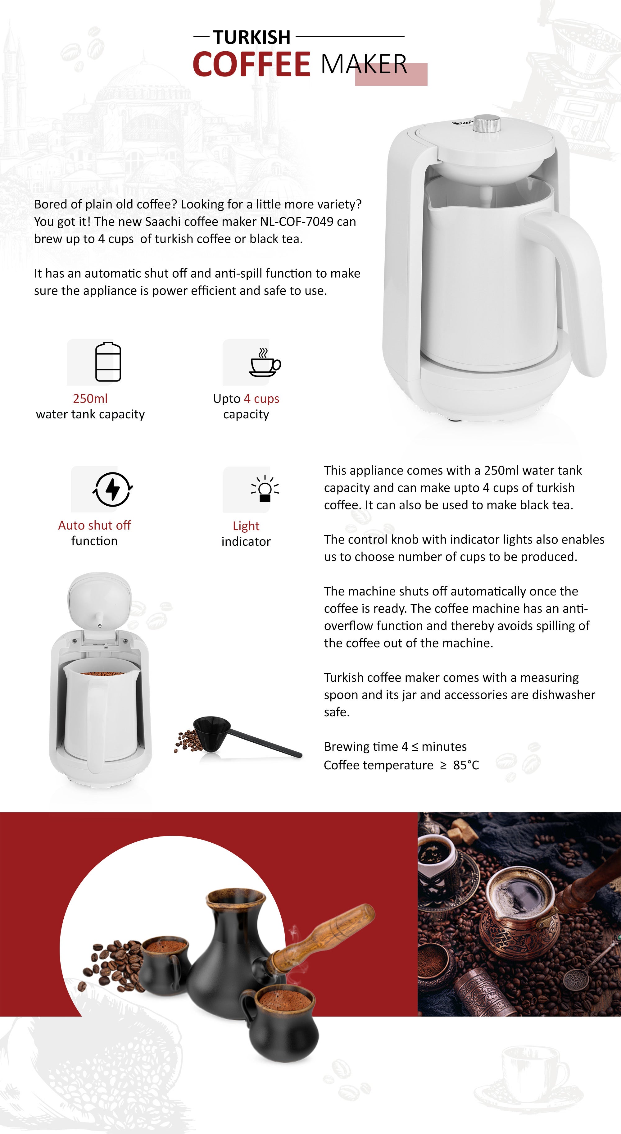 Turkish Coffee Maker Can Make Upto 4 Cups of Coffee in 4 Minutes or Less 250 ml 480 W NL-COF-7049-WH White