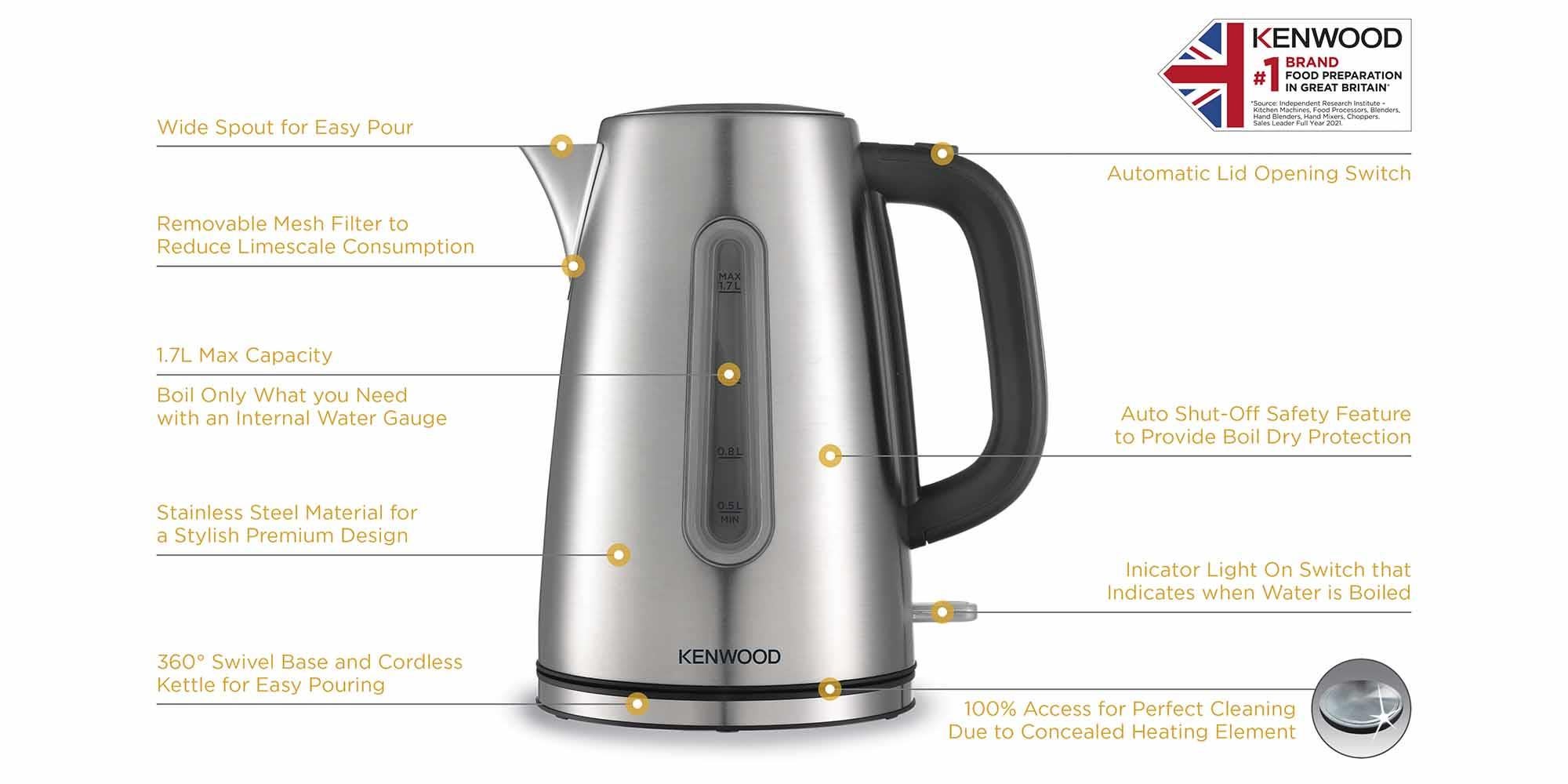 Stainless Steel Cordless Kettle With Auto Shut-Off & Removable Mesh Filter 1.7 L 3000.0 W ZJM11.000SS Metalic