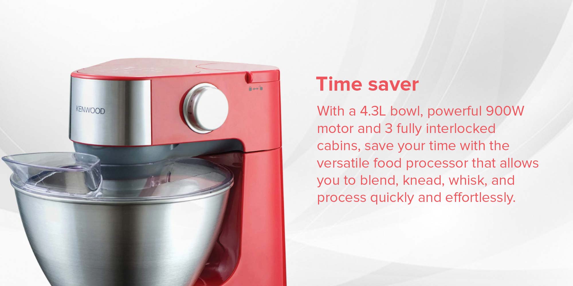 Kenwood Stand Mixer Kitchen Machine Prospero  With  Stainless Steel Bowl, K-Beater, Whisk, Dough Hook, Glass Blender, Food Processor, Meat Grinder, Juicer, Citrus Juicer 4.3 L 900 W KM241002 Red