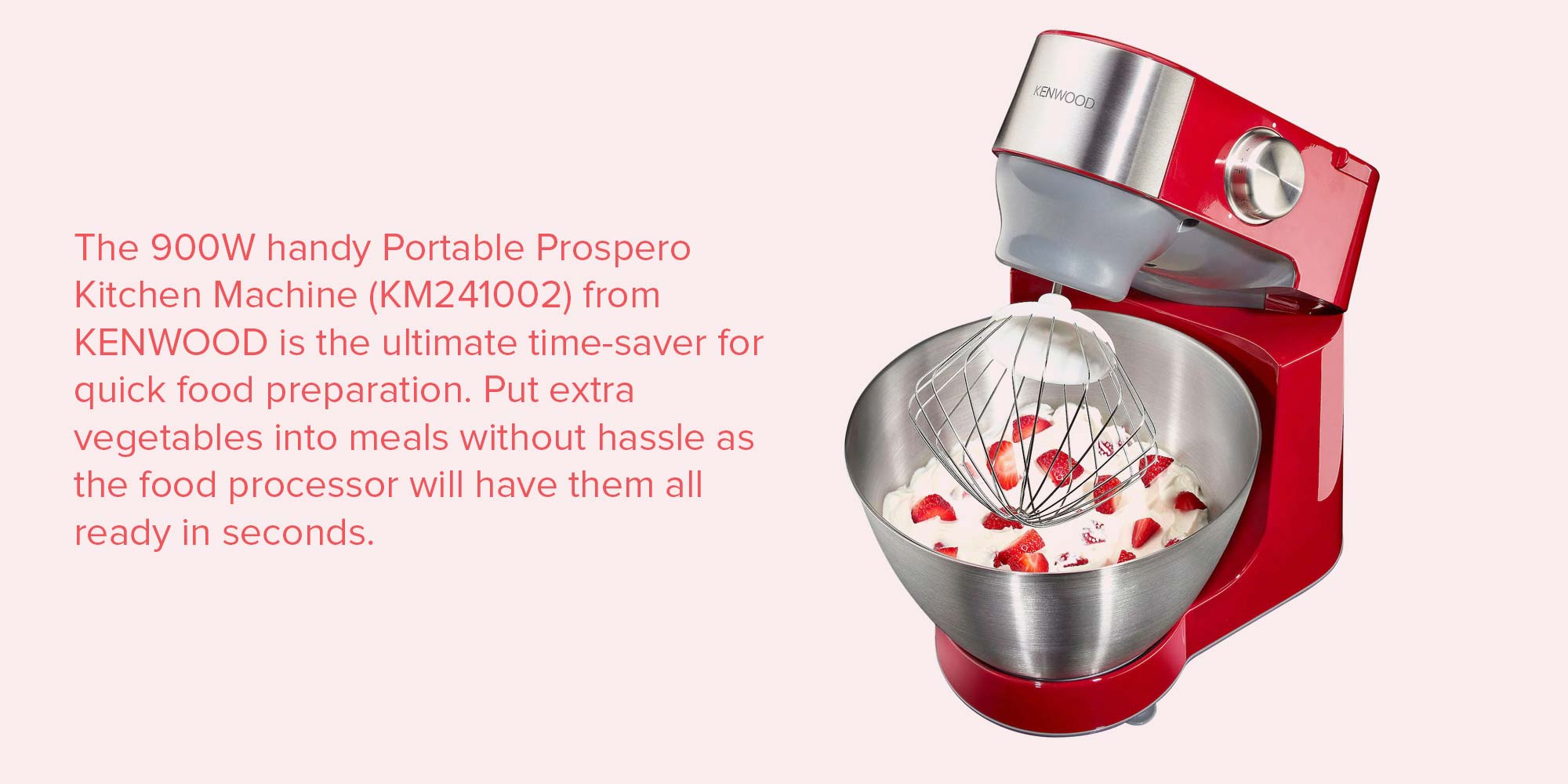 Kenwood Stand Mixer Kitchen Machine Prospero  With  Stainless Steel Bowl, K-Beater, Whisk, Dough Hook, Glass Blender, Food Processor, Meat Grinder, Juicer, Citrus Juicer 4.3 L 900 W KM241002 Red