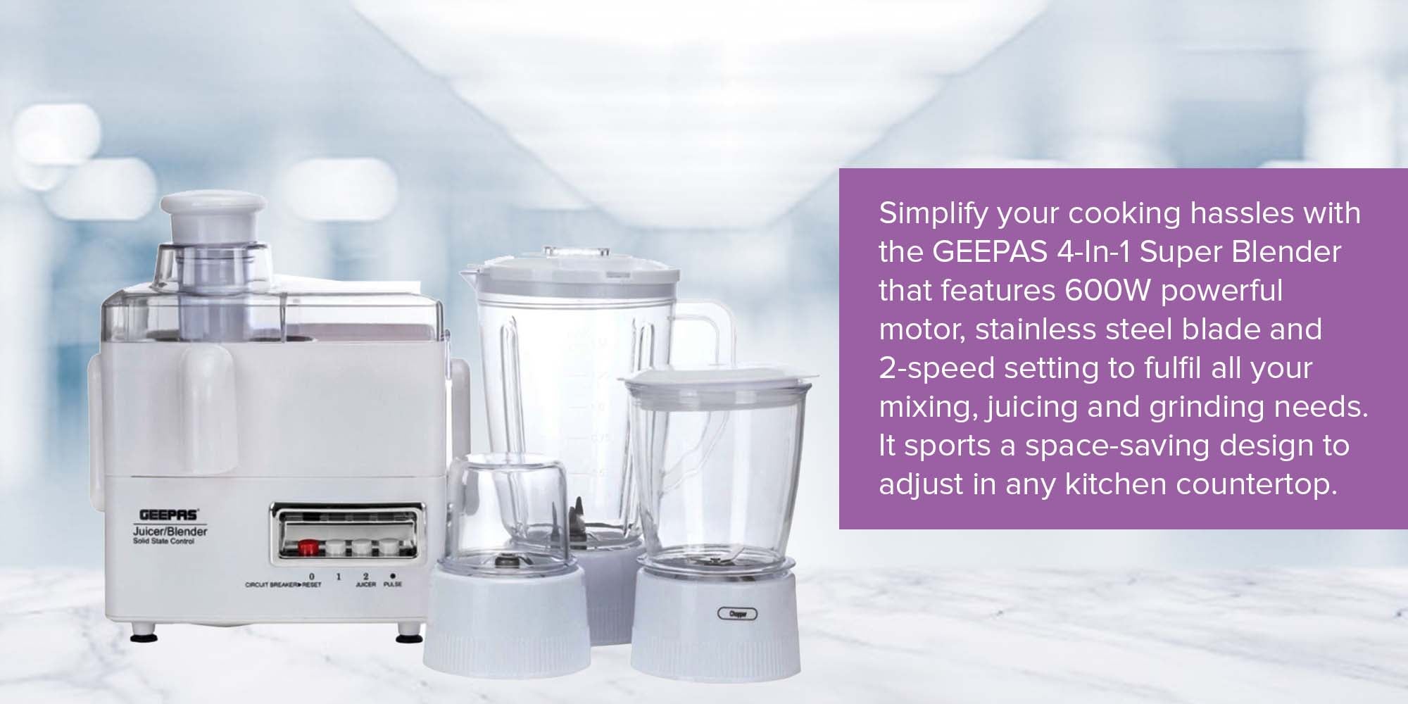 4 in 1 Food Processor & Juicer Multi-functional Smoothie Maker, Juicer, Compact Electric Blender, Chopper & Grinder 1.6L Jar, 2-Speed Pulse Function for Ice Crusher 600.0 W GSB2031-600W White