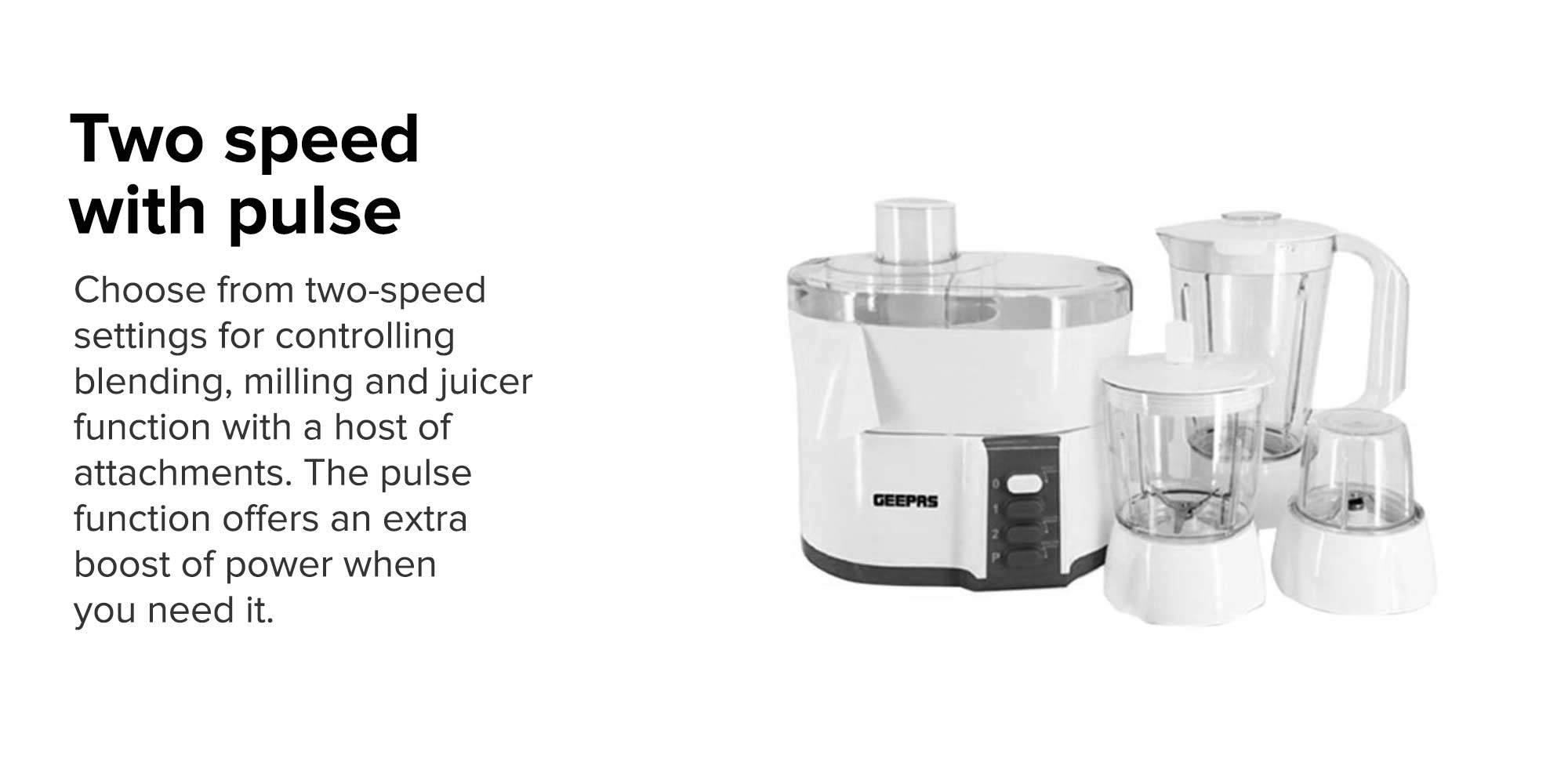 4-in-1 Food Processor, 2 Speed with Pulse Control, Powerful Motor, Safety Interlock, Circular Feed Tube, Stainless Steel Filter and Blade, Multipurpose, Stainless Steel Blades 600 W GSB9890 White