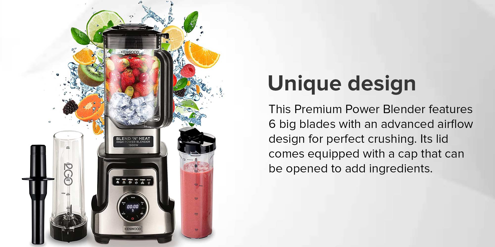 Premium Power Blender Smoothie Maker Blend N Heat  With  Tritan Jar, 2 Smoothie2Go Bottles, Heating Function For Soup, 10 Speed+6 Preset Programs, Ice Crush Function 1500 W BLM92.920SS silver