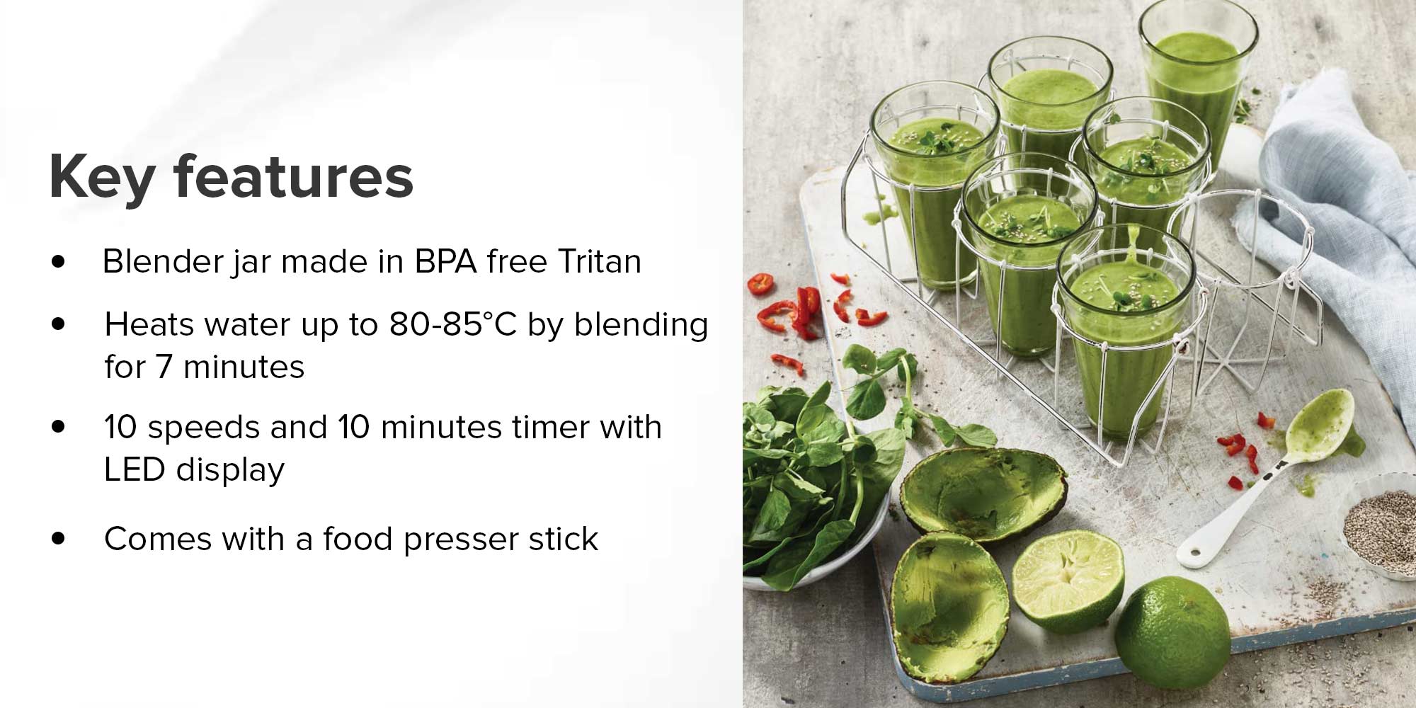 Premium Power Blender Smoothie Maker Blend N Heat  With  Tritan Jar, 2 Smoothie2Go Bottles, Heating Function For Soup, 10 Speed+6 Preset Programs, Ice Crush Function 1500 W BLM92.920SS silver