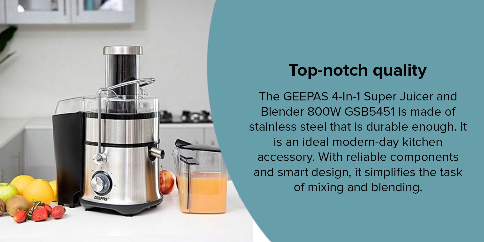 4-in-1 Juicer & Blender - Compact Electric Blender, Juicer, Chopper & Grinder | 2-Speed Pulse Function With LED Light for Ice Crusher, Powerful Versatile & Compact, Stainless Steel Blades 800.0 W GSB5451 Silver/Black