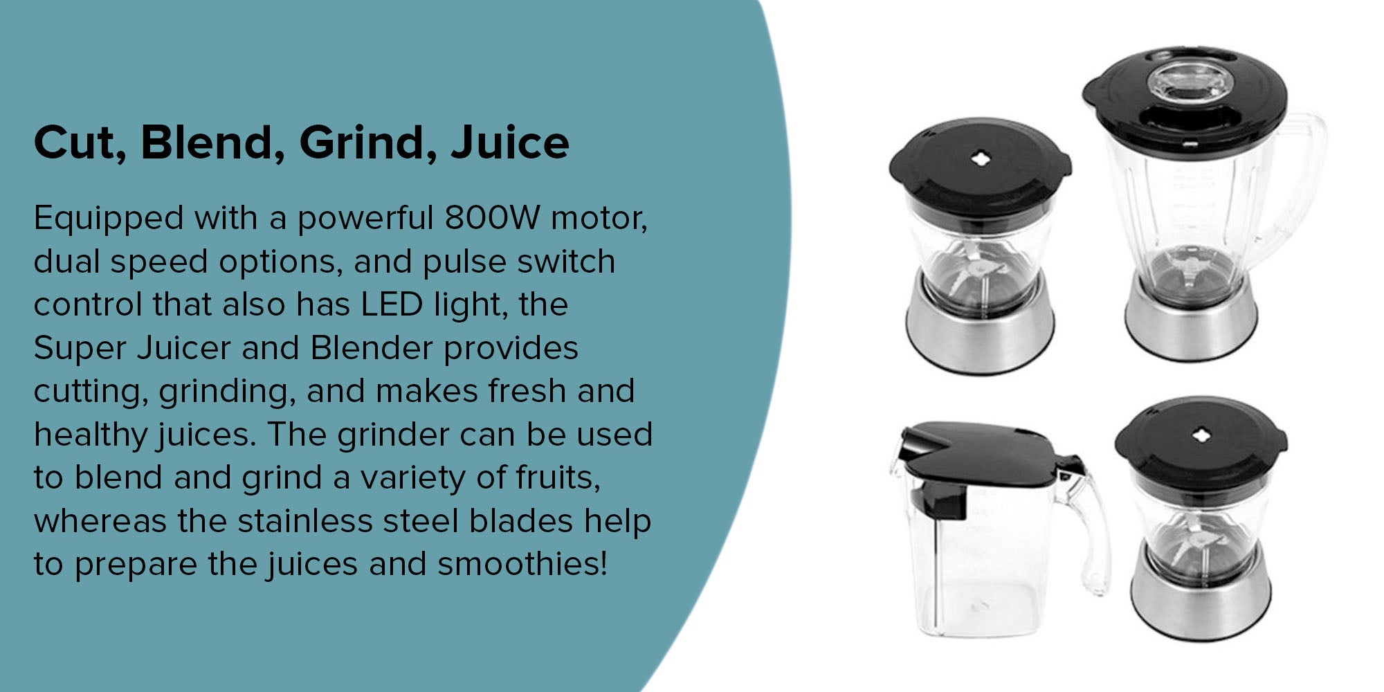 4-in-1 Juicer & Blender - Compact Electric Blender, Juicer, Chopper & Grinder | 2-Speed Pulse Function With LED Light for Ice Crusher, Powerful Versatile & Compact, Stainless Steel Blades 800.0 W GSB5451 Silver/Black