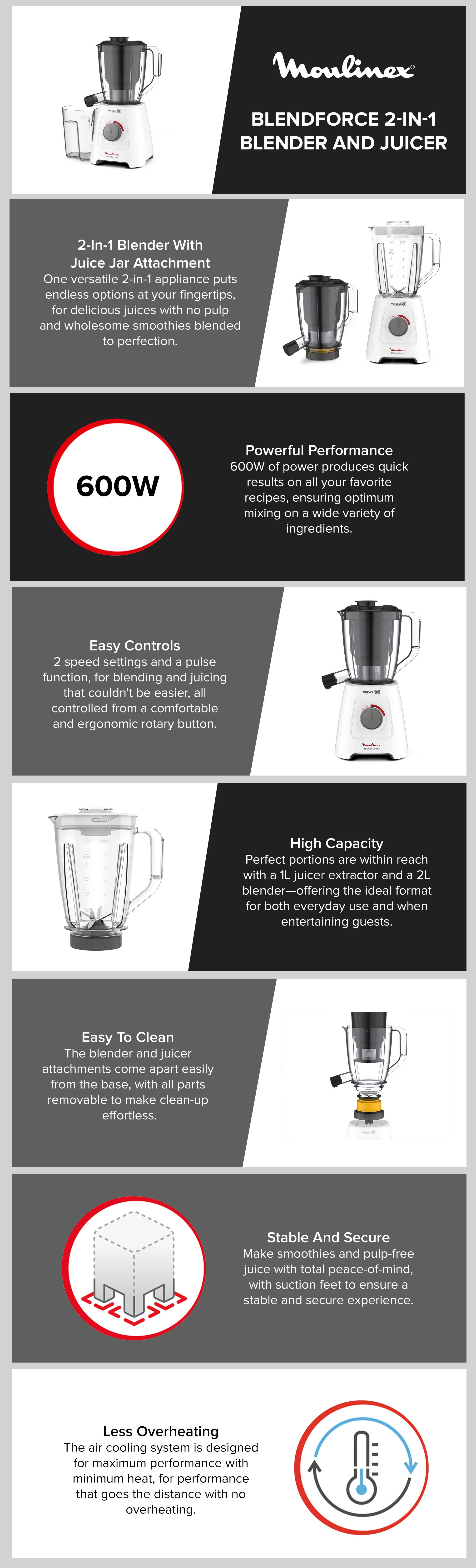 Blendforce 2 in 1, Blender with Juicer Jar, Plastic Jug, Healthy, Convenient 2 L 600 W LM42Q127 White / Black / Red