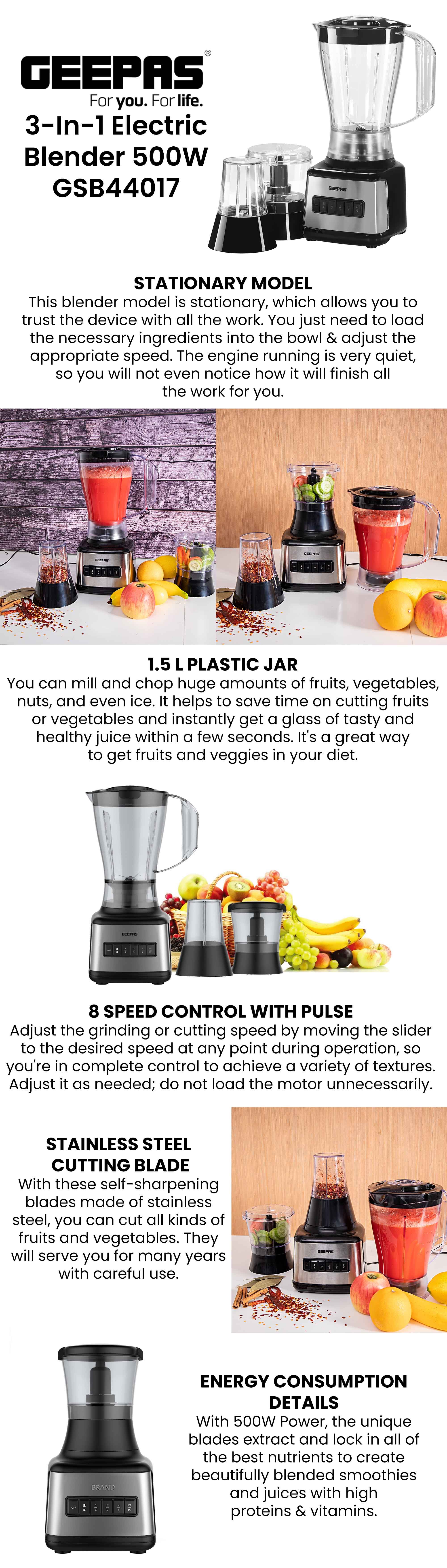 3 In 1 Stainless Steel Blender - 6 Speed Control/Plastic Jar/4 Sharp Blades And 2 Blending Preset Juicer- Mill And Chopping Blender/Anti-Slip feet Design 1.5 L 500 W GSB44017 Black/Grey/Clear