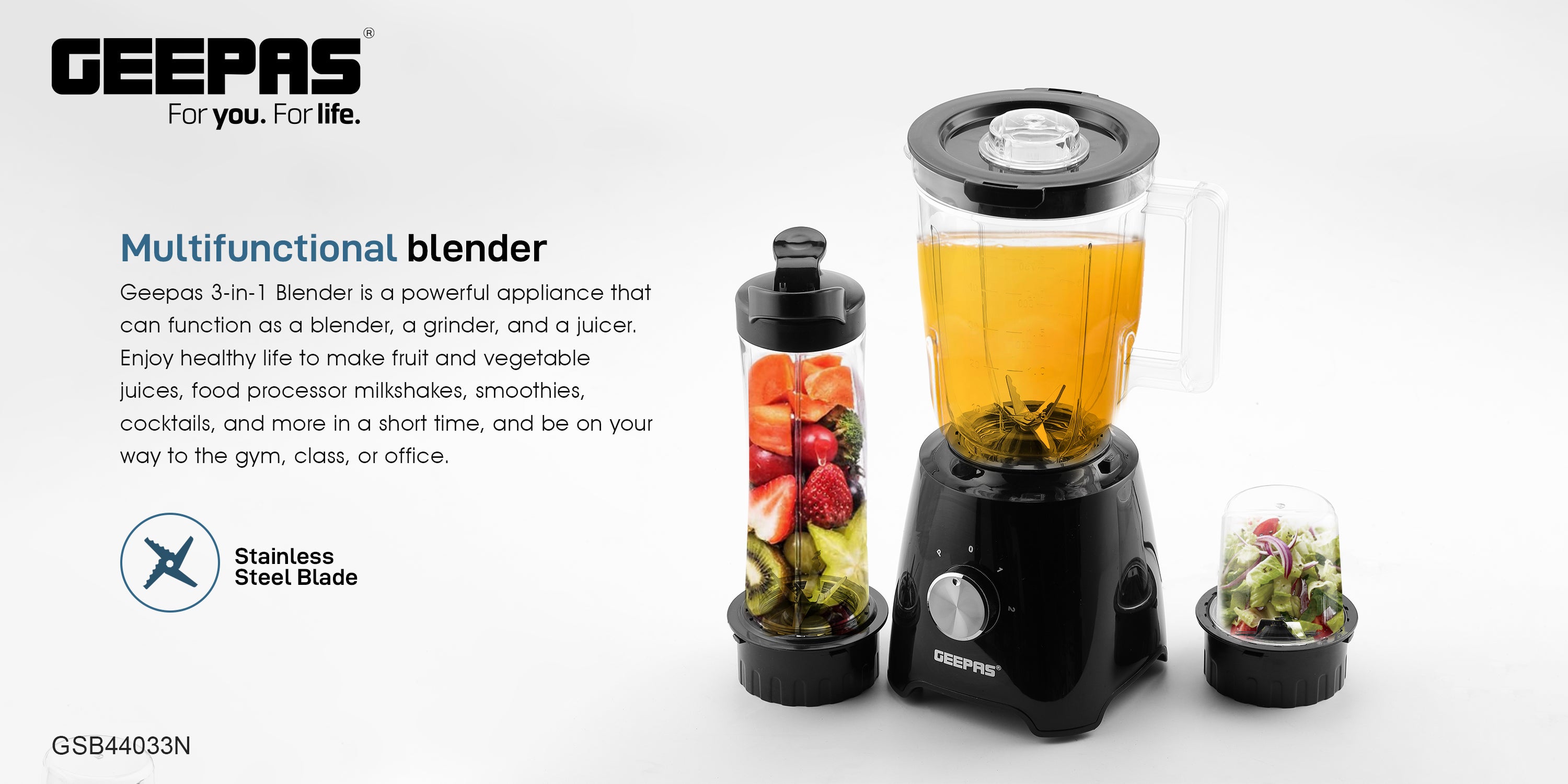 Multi functional Super Blender with 2 speed and Pulse Function Coffee/Spice Grinder Mill & Food Jug Blender 1.5 L 500 W GSB44033N Black/Clear