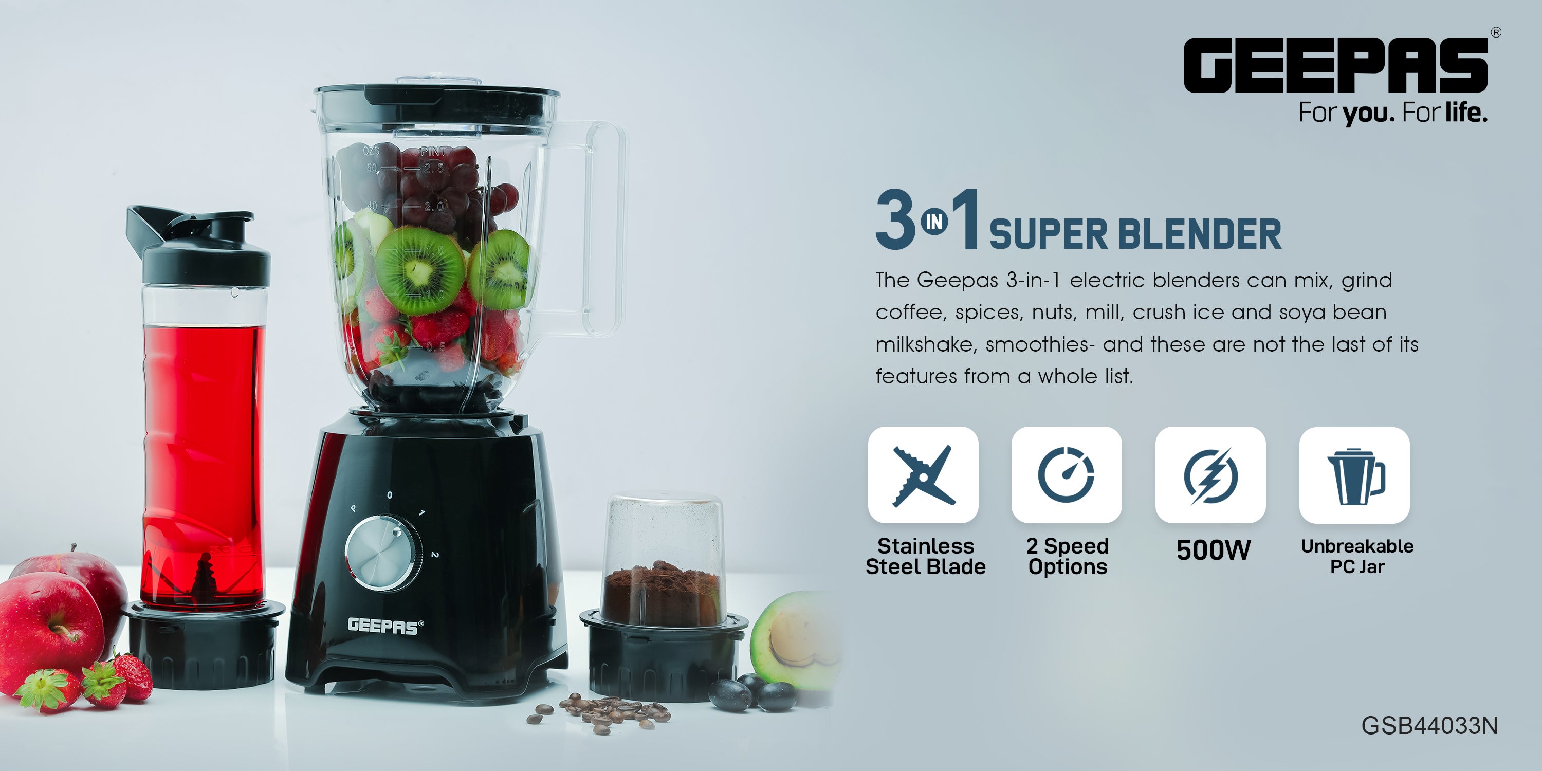 Multi functional Super Blender with 2 speed and Pulse Function Coffee/Spice Grinder Mill & Food Jug Blender 1.5 L 500 W GSB44033N Black/Clear