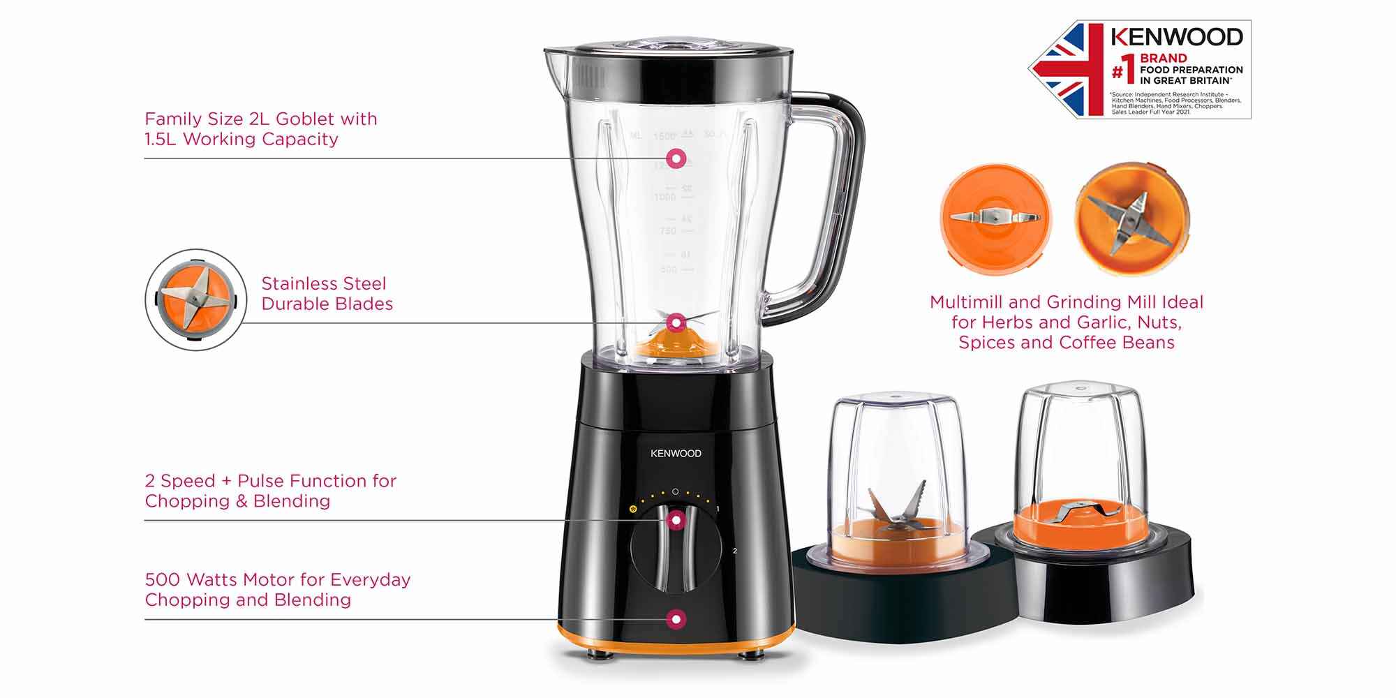 Blender Smoothie Maker With Grinder Mill, Chopper Mill, Ice Crush Function 2 L 500 W BLP15.360BK Black