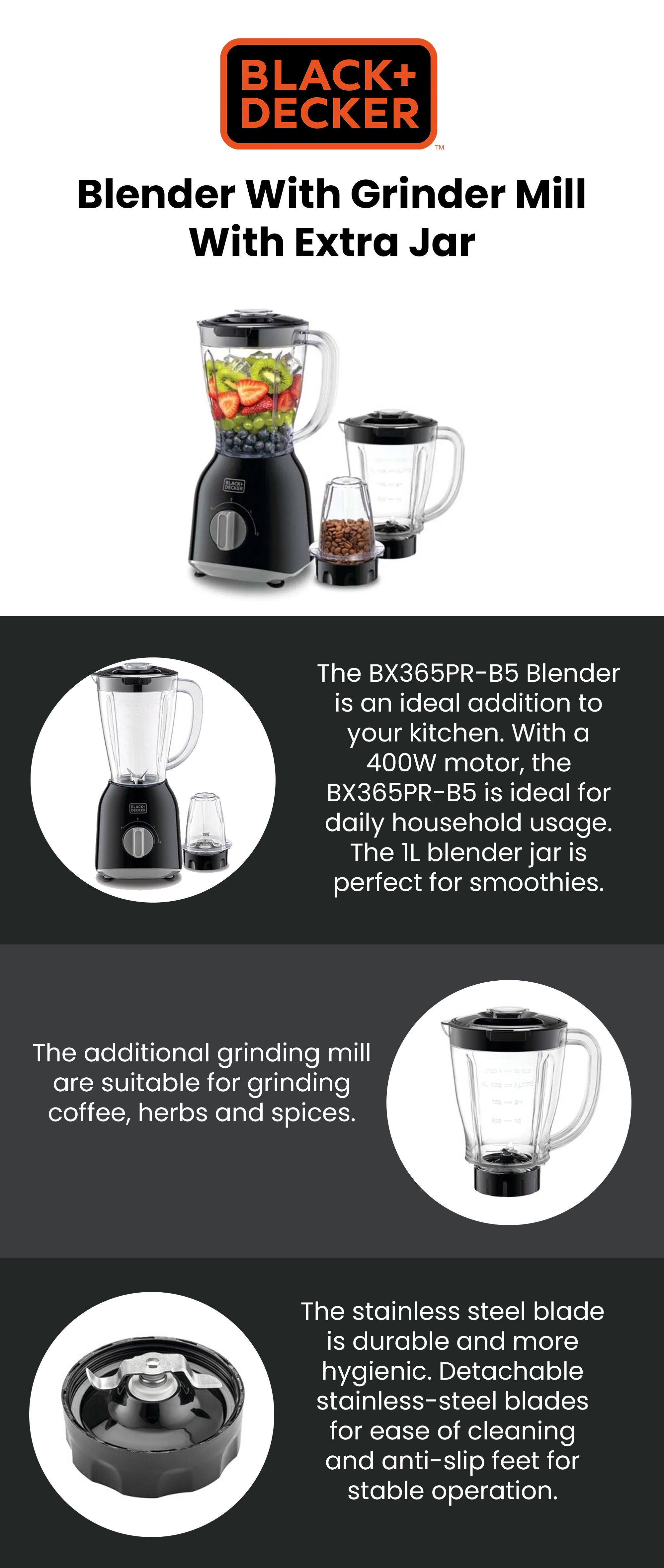 Blender With 2 X Blender Jars & Grinder Mill 1 L 400 W BX365PR-B5 Black