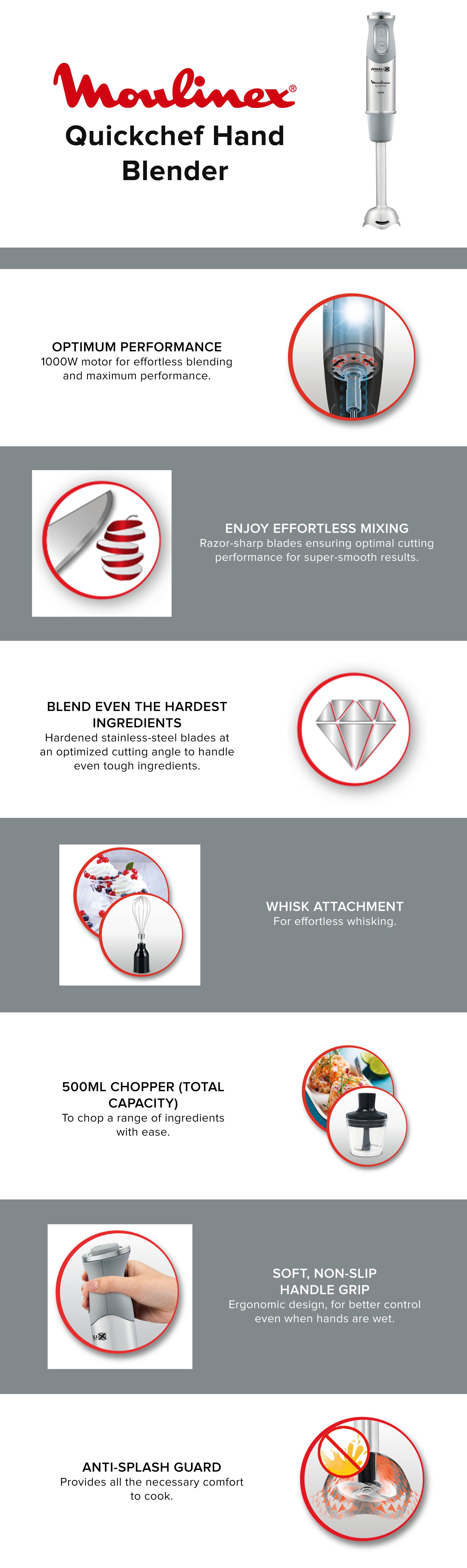 Hand Blender | Quickchef Lite Hand Stick Blender |  20 speeds | 500ml chopper | beaker | Stainless Steel | 2 Years Warranty DD656D27 Stainless steel / Quartzite