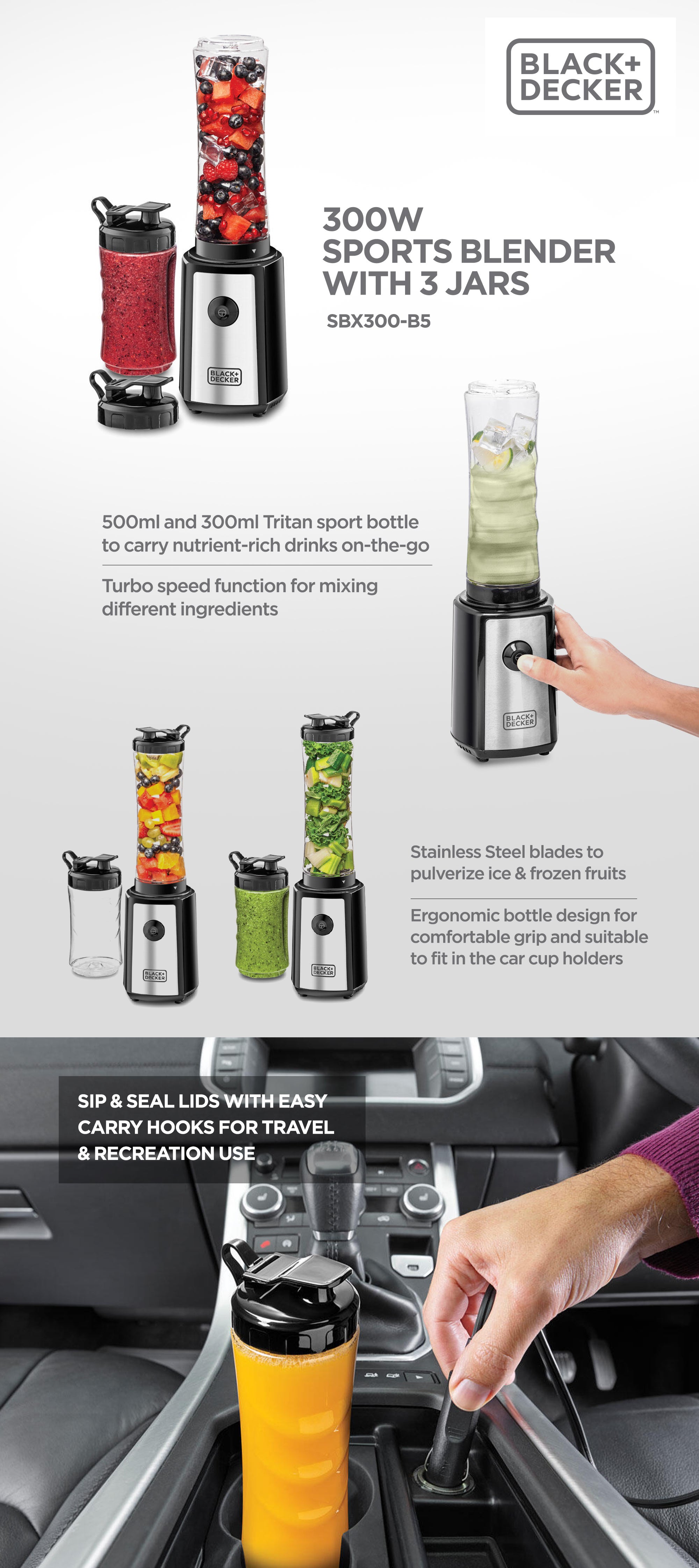 Sports Blender/Smoothie Maker, 6-Piece Set with 500ml & 300ml BPA-Free Sports Bottles, 21,500 RPM Turbo Speed, Stainless Steel Blades for Ice & Frozen Fruits, 500 ml 300 W SBX300-B5 Black/Silver/Clear